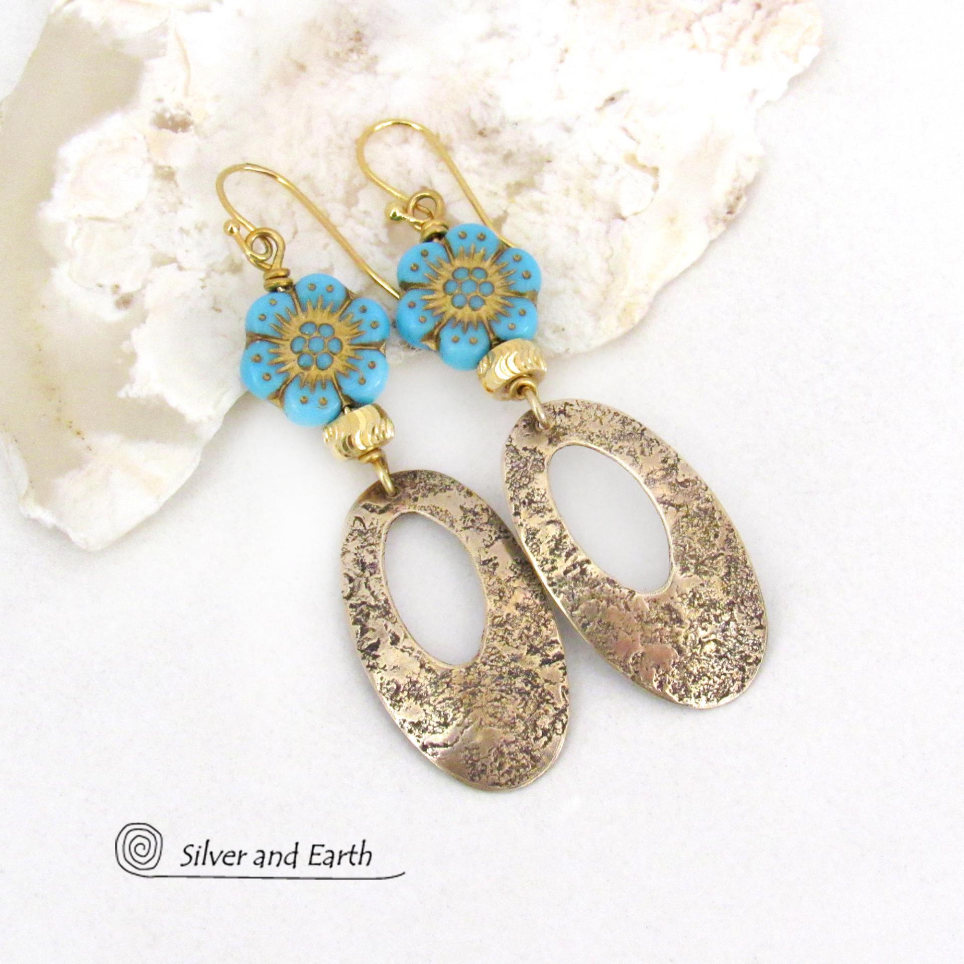 Gold Brass Dangle Earrings with Turquoise Flower Beads - Earthy Modern Nature Jewelry 