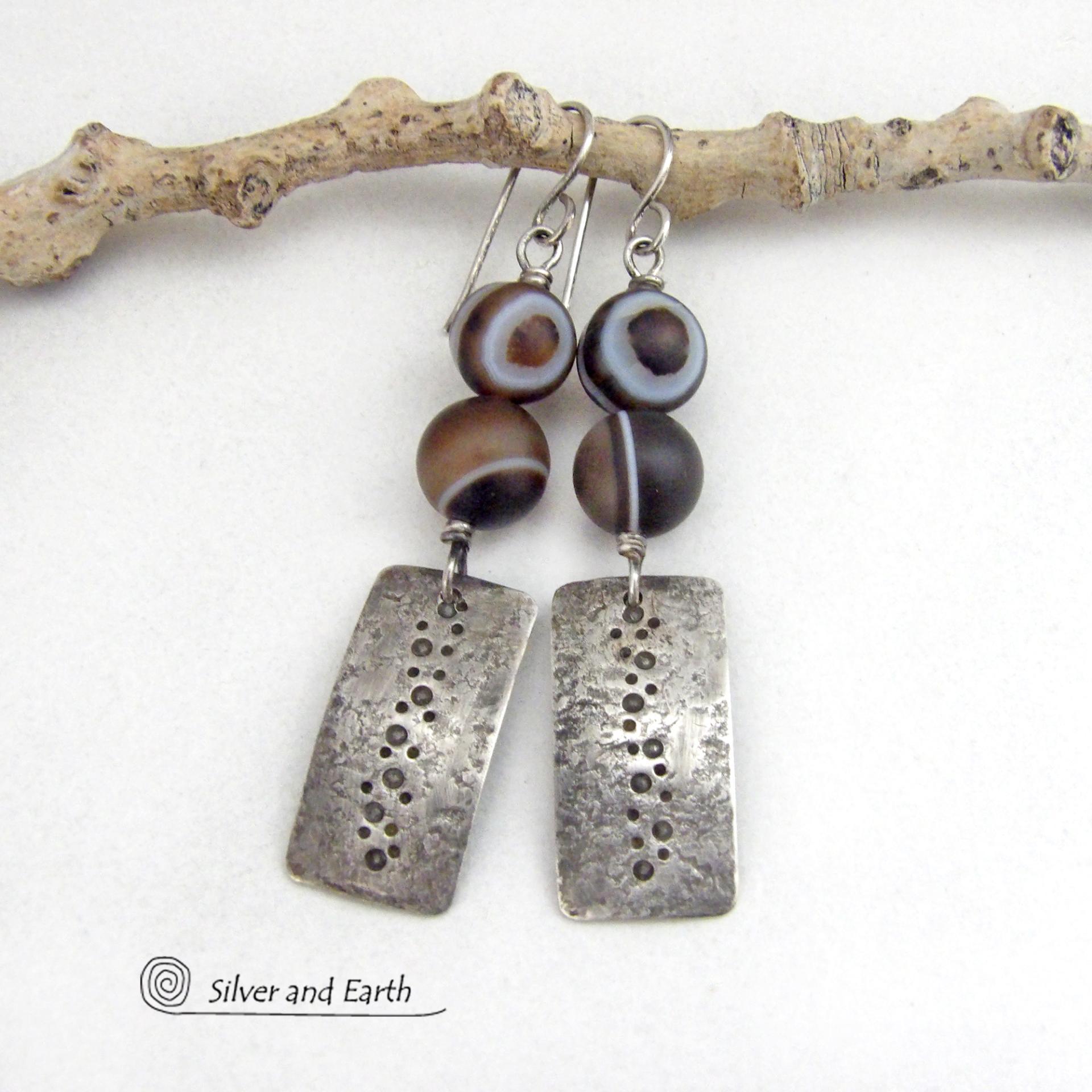 Hammered and Hand Stamped Textured Sterling Silver Earrings with Brown Botswana Agate Gemstones