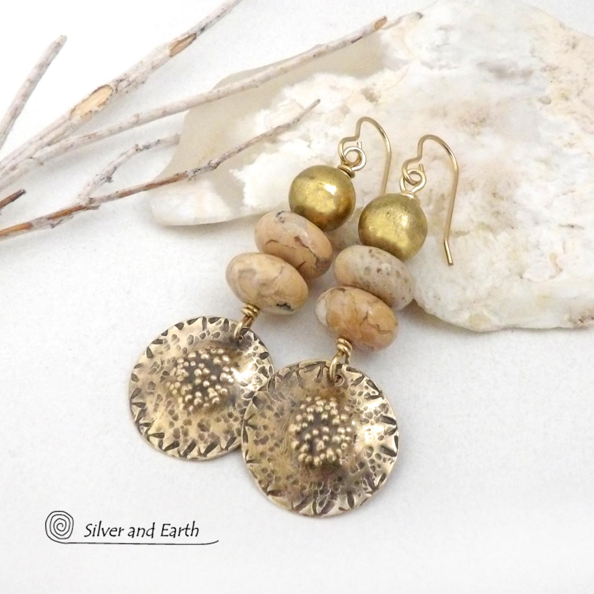 Textured Gold Brass Earrings with Beige Agate Stones - Earthy Modern Gemstone Jewelry