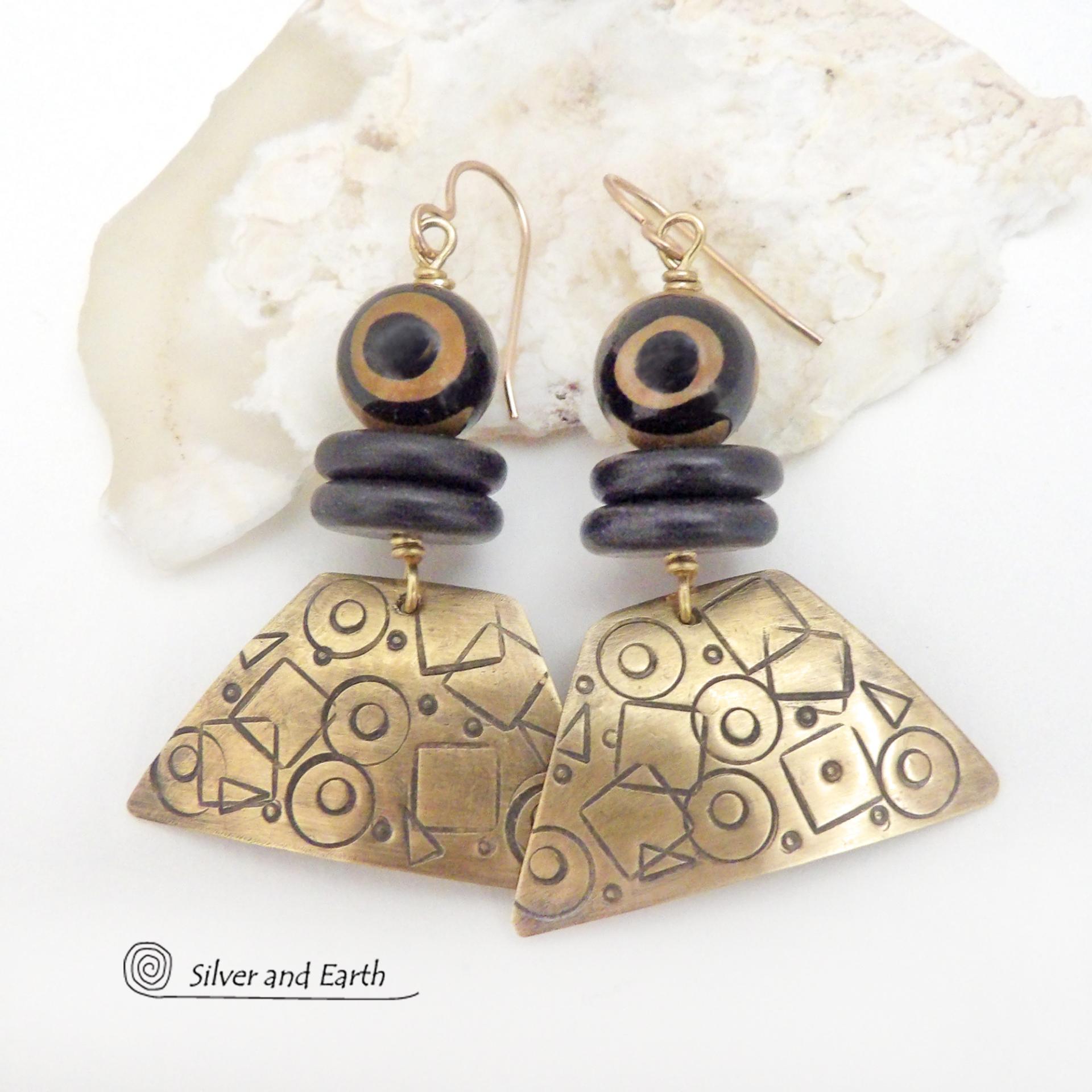 Hand Stamped Gold Brass Earrings with Tibetan Eye Agate Stones