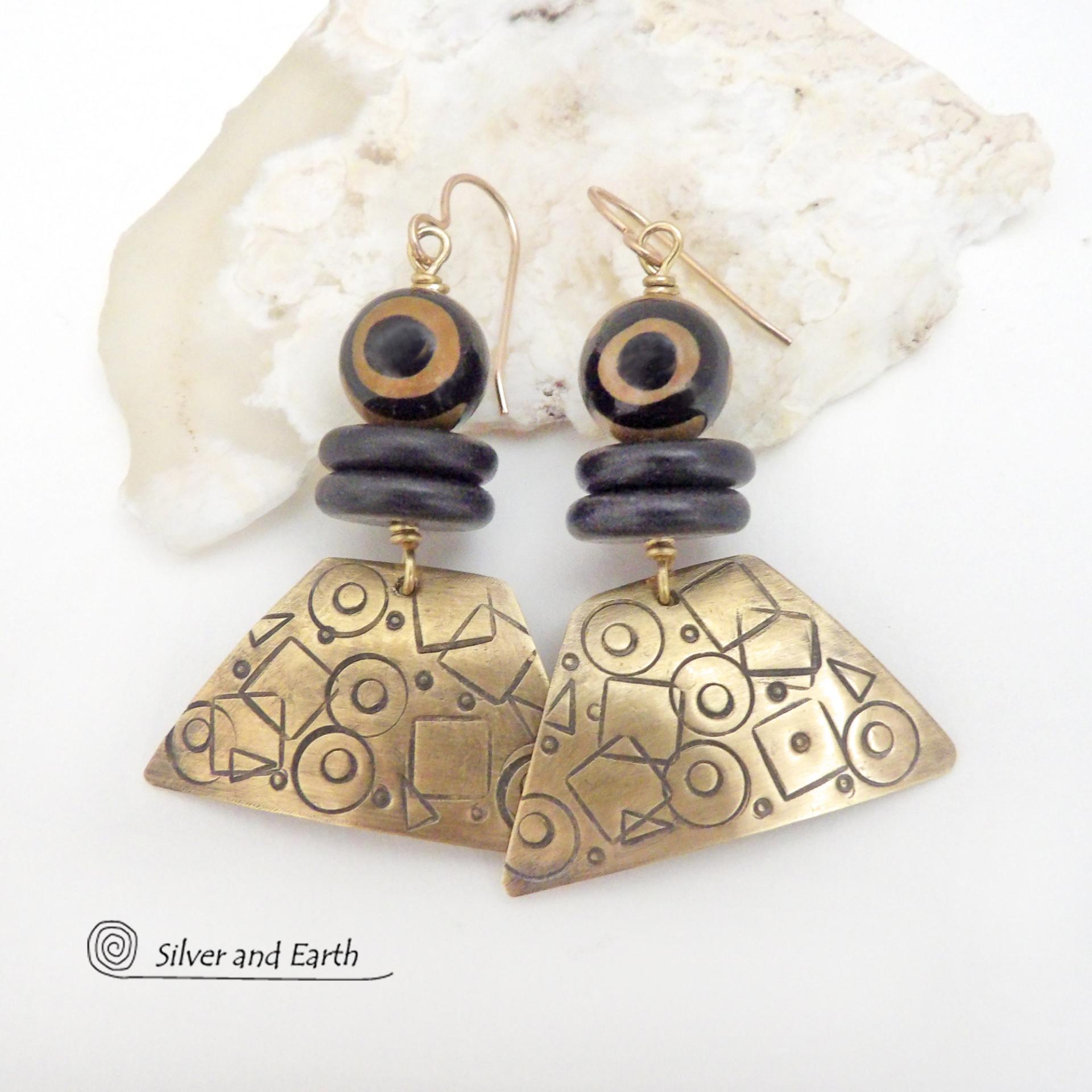 Hand Stamped Gold Brass Earrings with Tibetan Eye Agate Stones