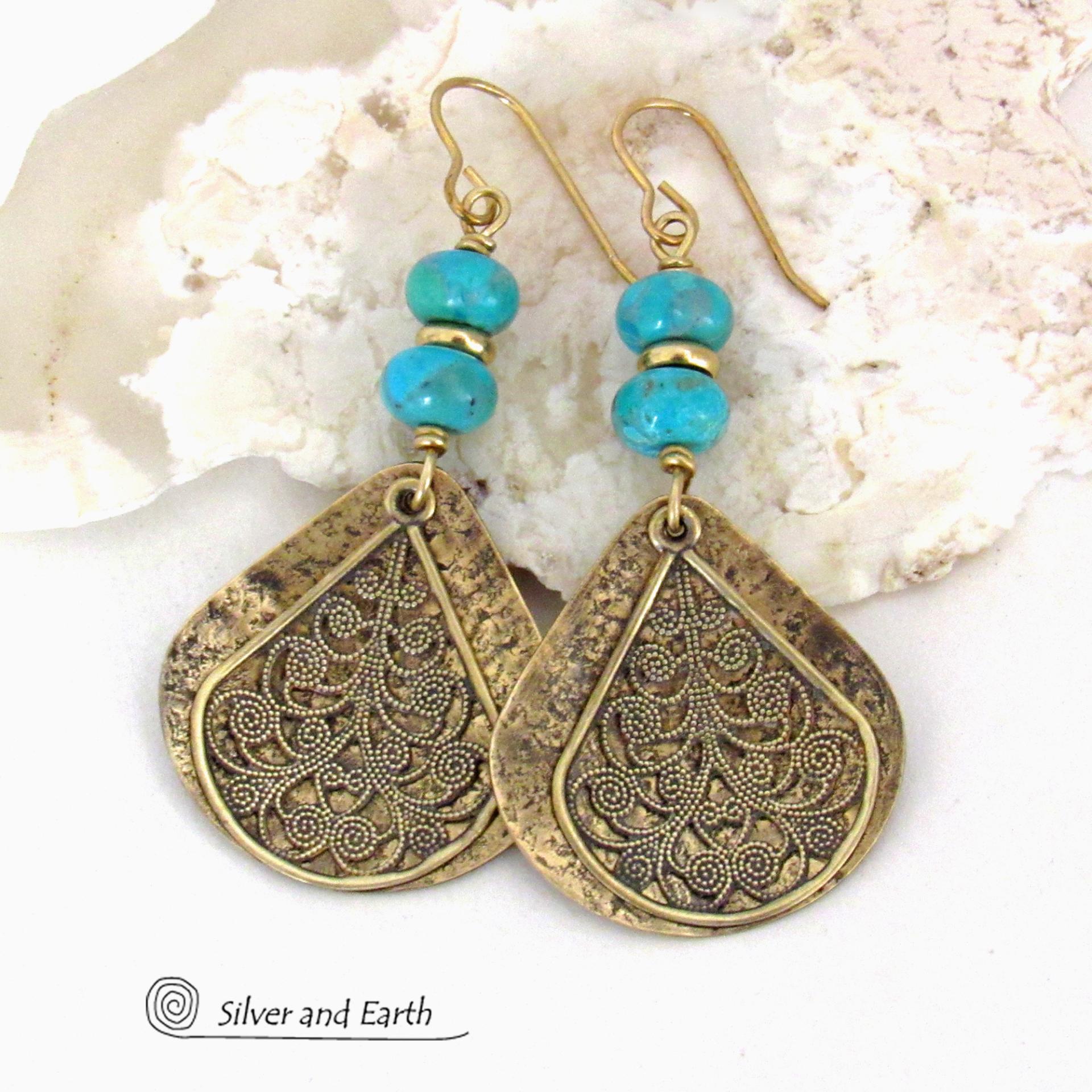 Gold Brass Earrings with Turquoise Stones and Filigree Charms - Bold Exotic Bohemian Egyptian Style Jewelry
