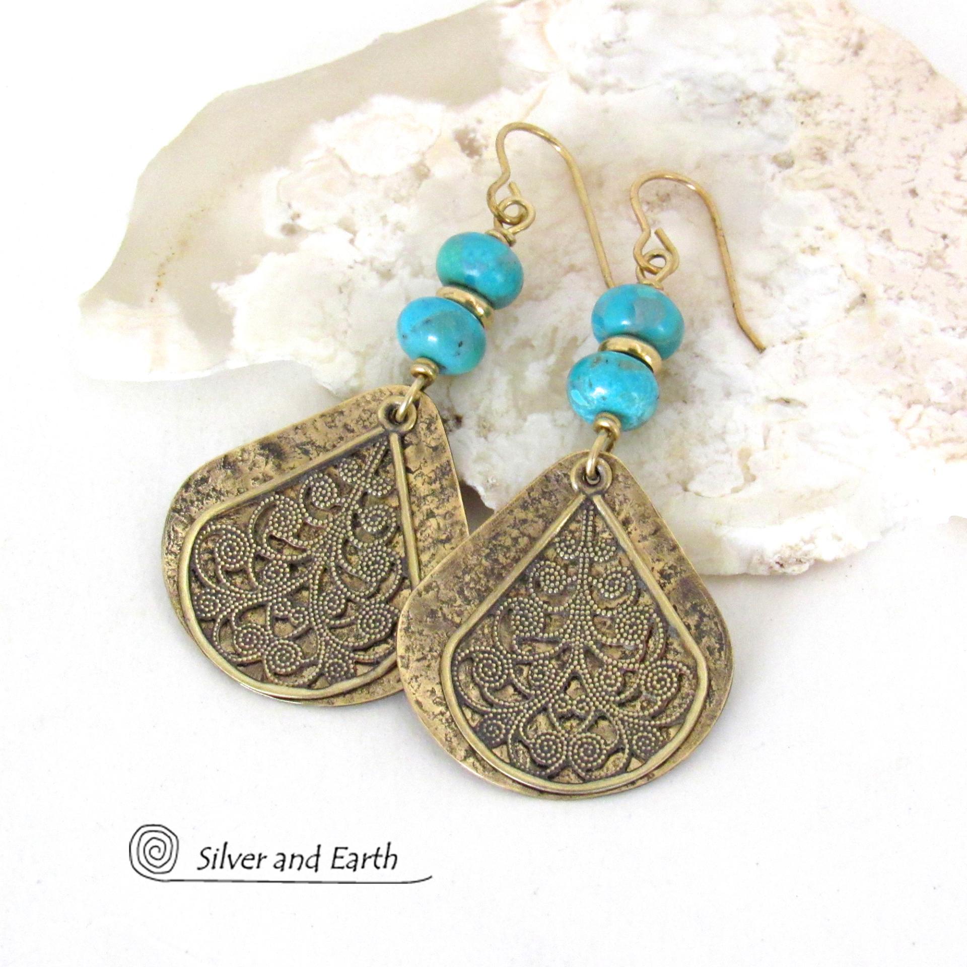 Gold Brass Earrings with Turquoise Stones and Filigree Charms - Bold Exotic Bohemian Egyptian Style Jewelry