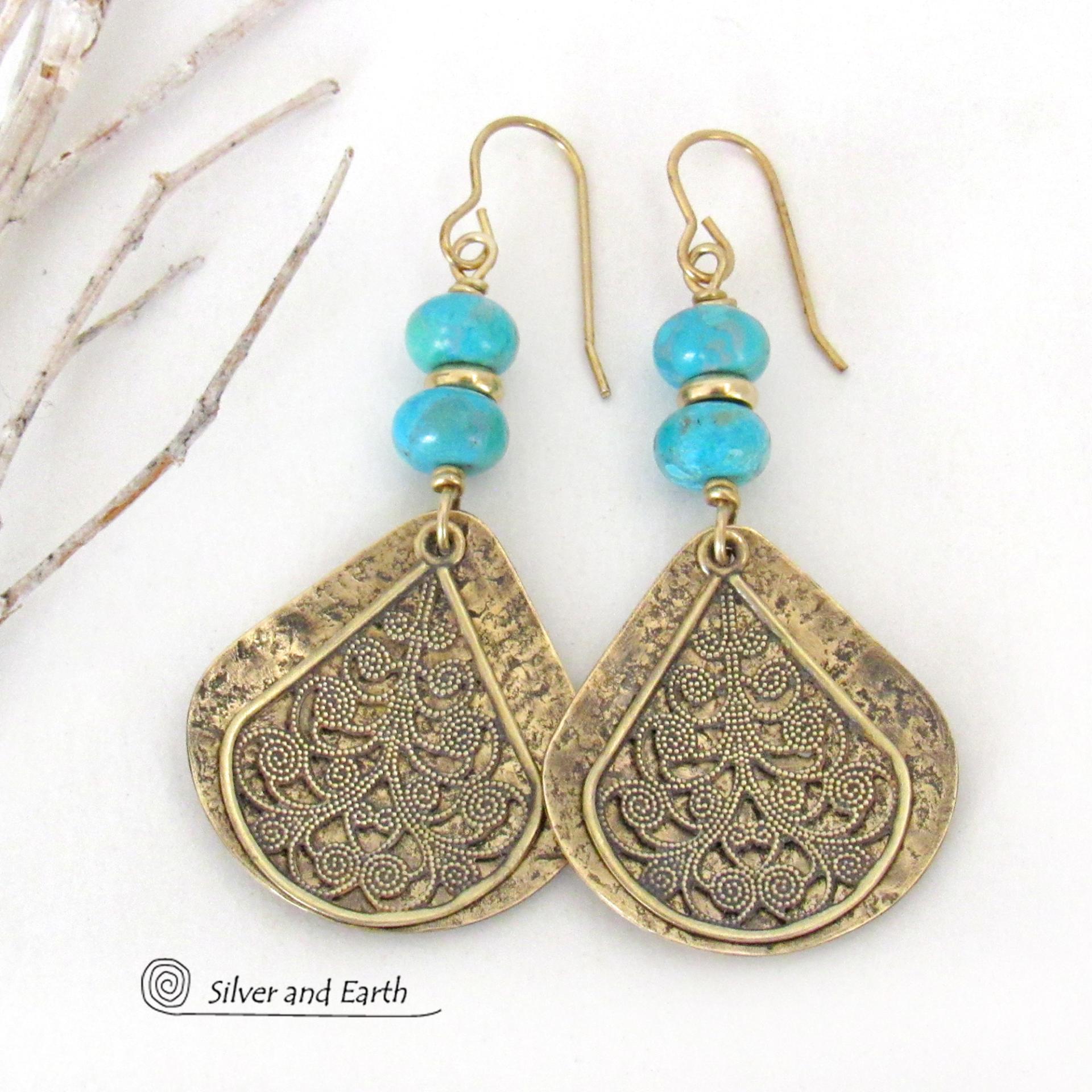 Gold Brass Earrings with Turquoise Stones and Filigree Charms - Bold Exotic Bohemian Egyptian Style Jewelry