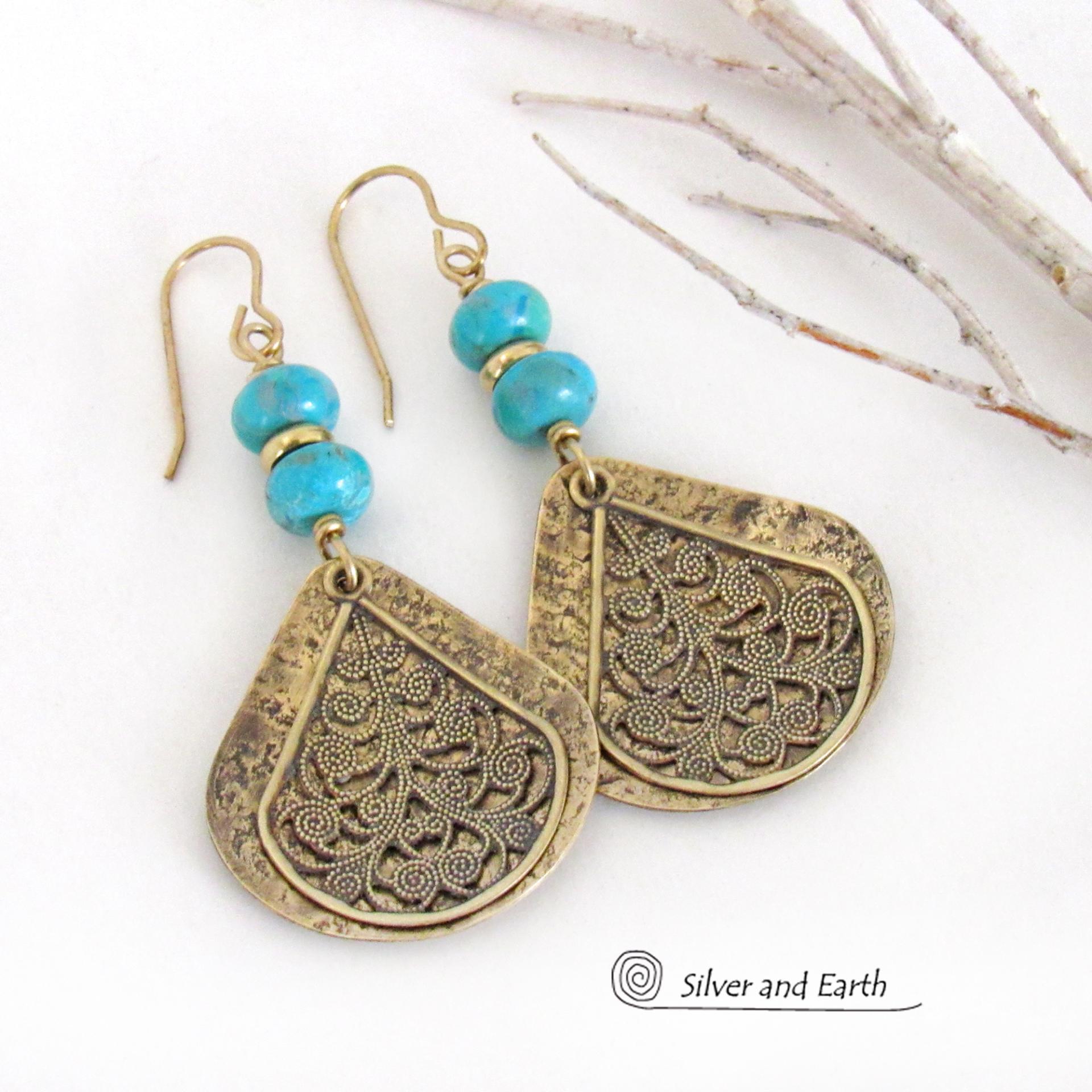 Gold Brass Earrings with Turquoise Stones and Filigree Charms - Bold Exotic Bohemian Egyptian Style Jewelry