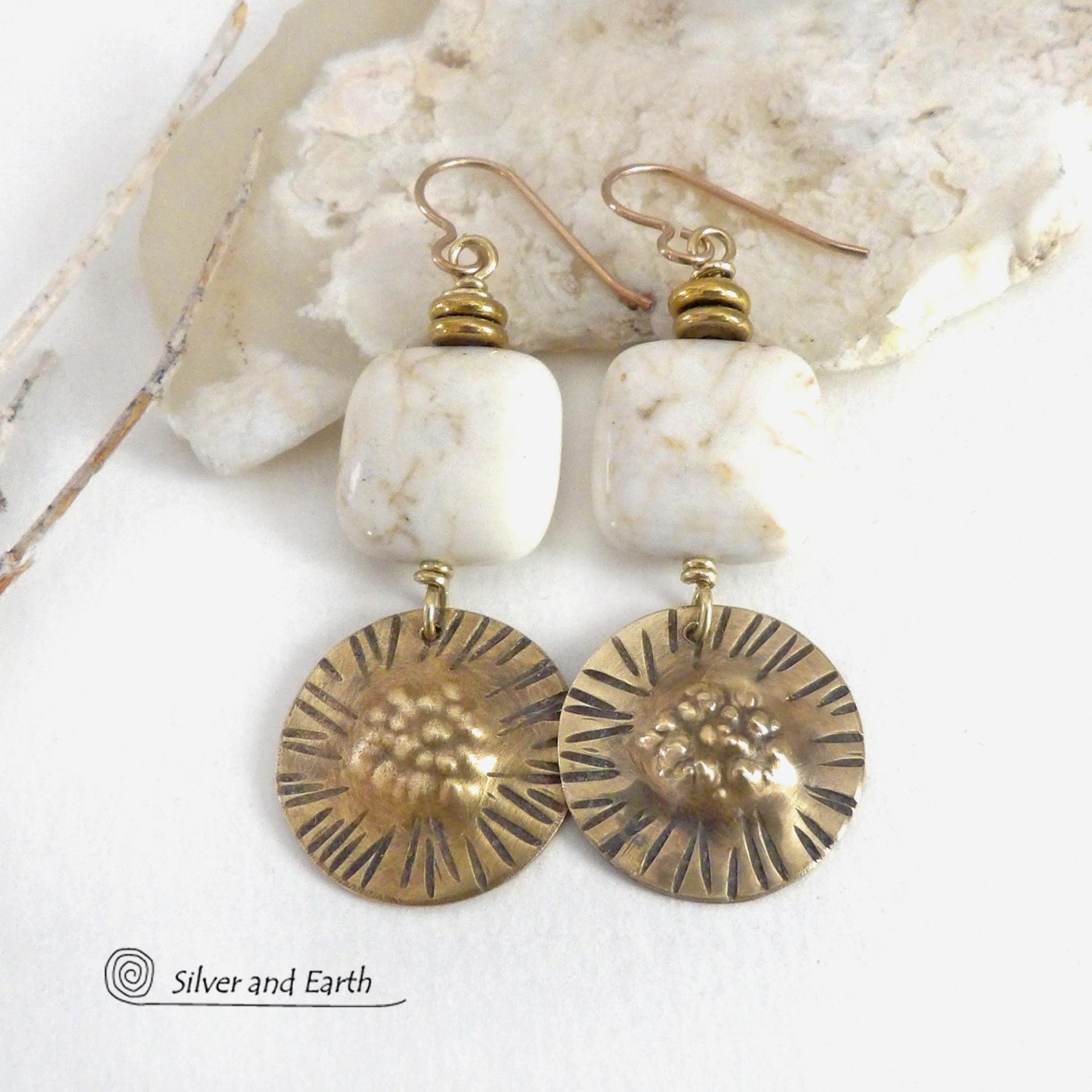 Textured Gold Brass Dangle Earrings with Creamy White Magnesite Stones
