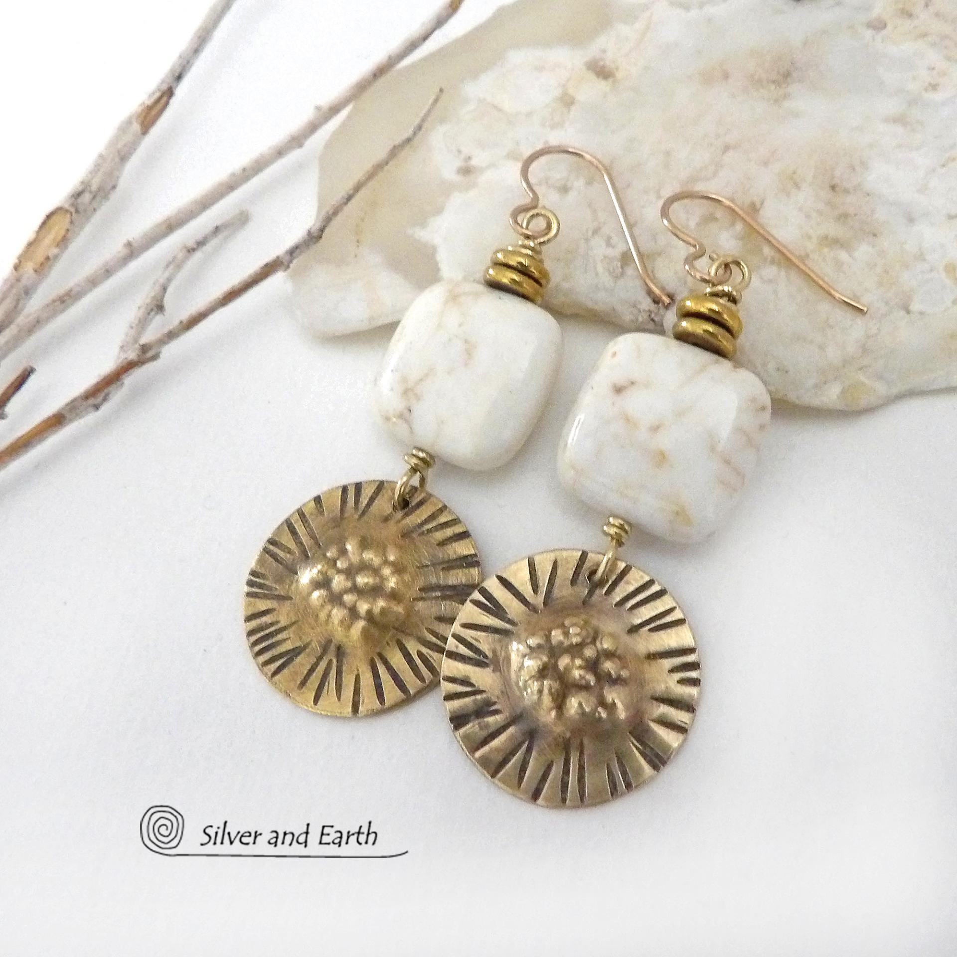 Textured Gold Brass Dangle Earrings with Creamy White Magnesite Stones