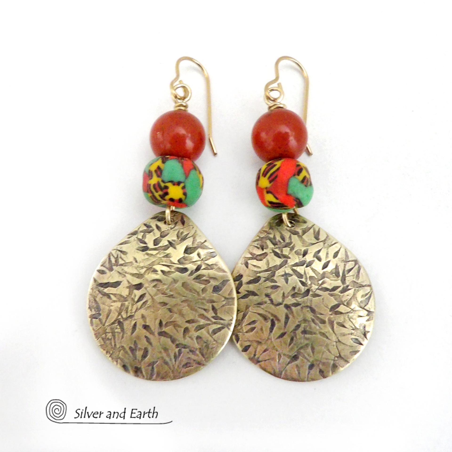 Gold Brass Earrings with Red Jasper Gemstones & Colorful African Glass Beads - Bold Exotic Statement Jewelry