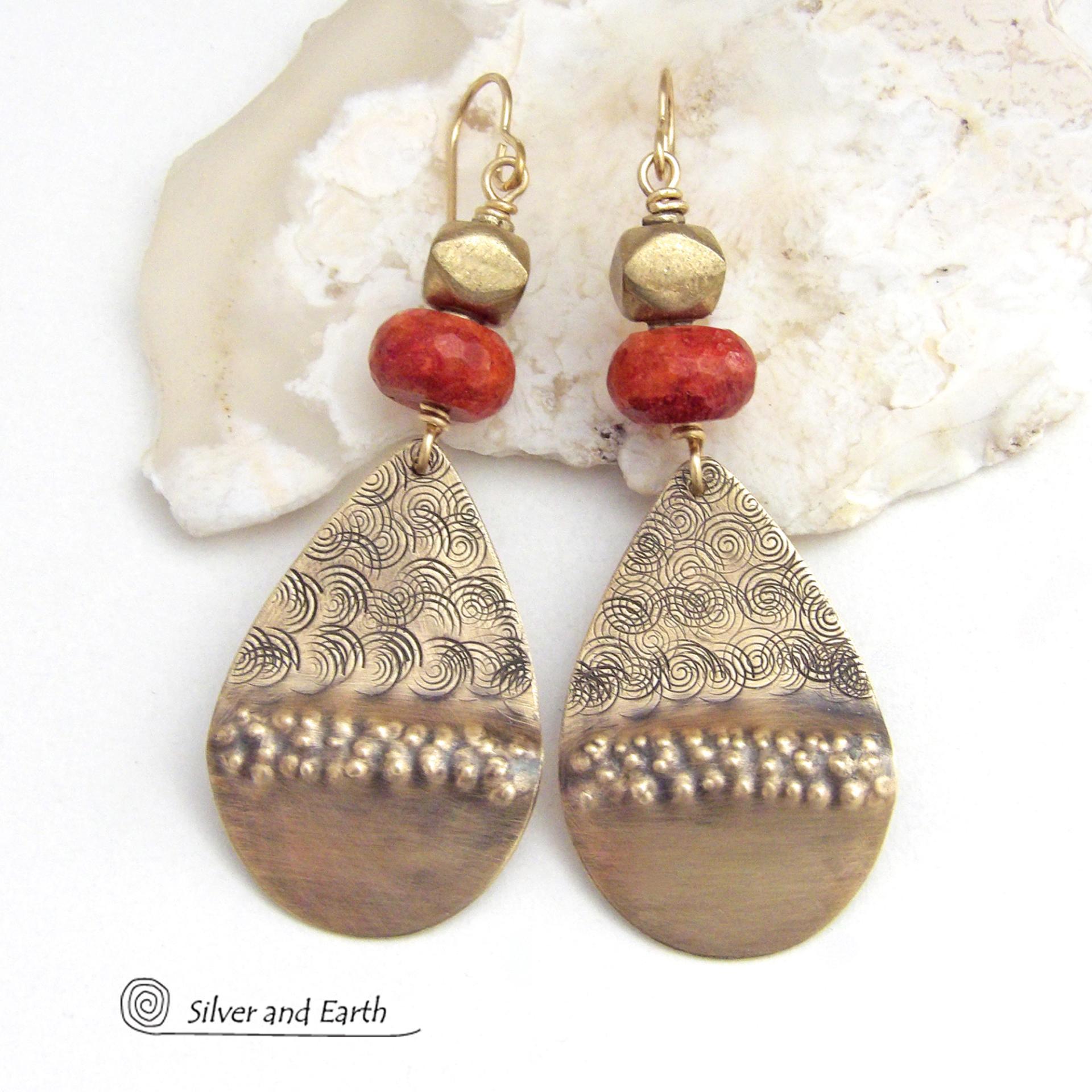 Large Textured Gold Brass Teardrop Earrings with Faceted Red Coral - Bold Unique Statement Jewelry
