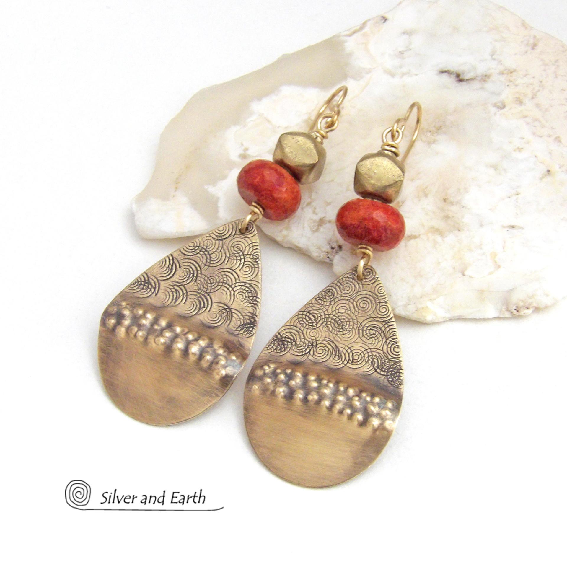 Large Textured Gold Brass Teardrop Earrings with Faceted Red Coral - Bold Unique Statement Jewelry