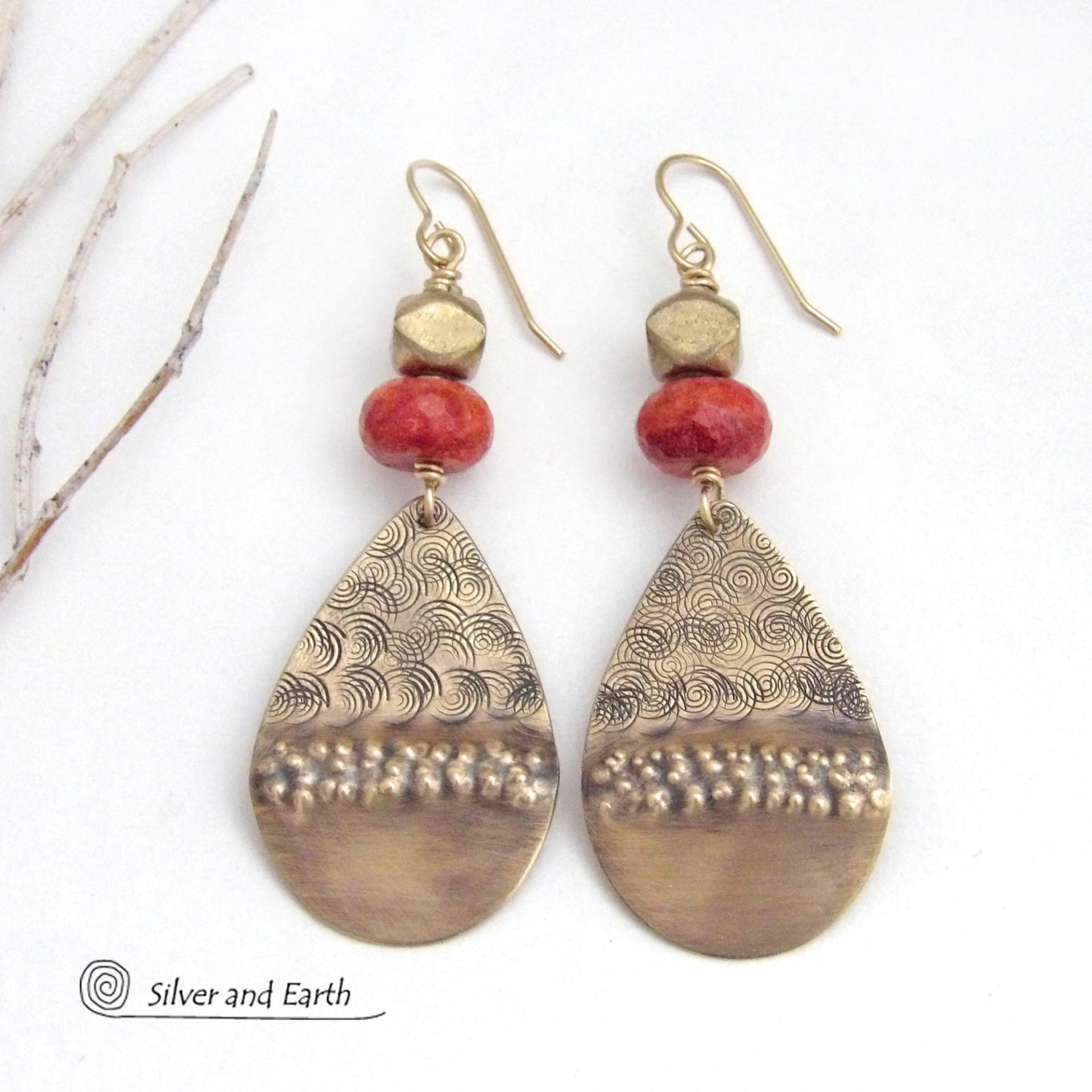 Large Textured Gold Brass Teardrop Earrings with Faceted Red Coral - Bold Unique Statement Jewelry