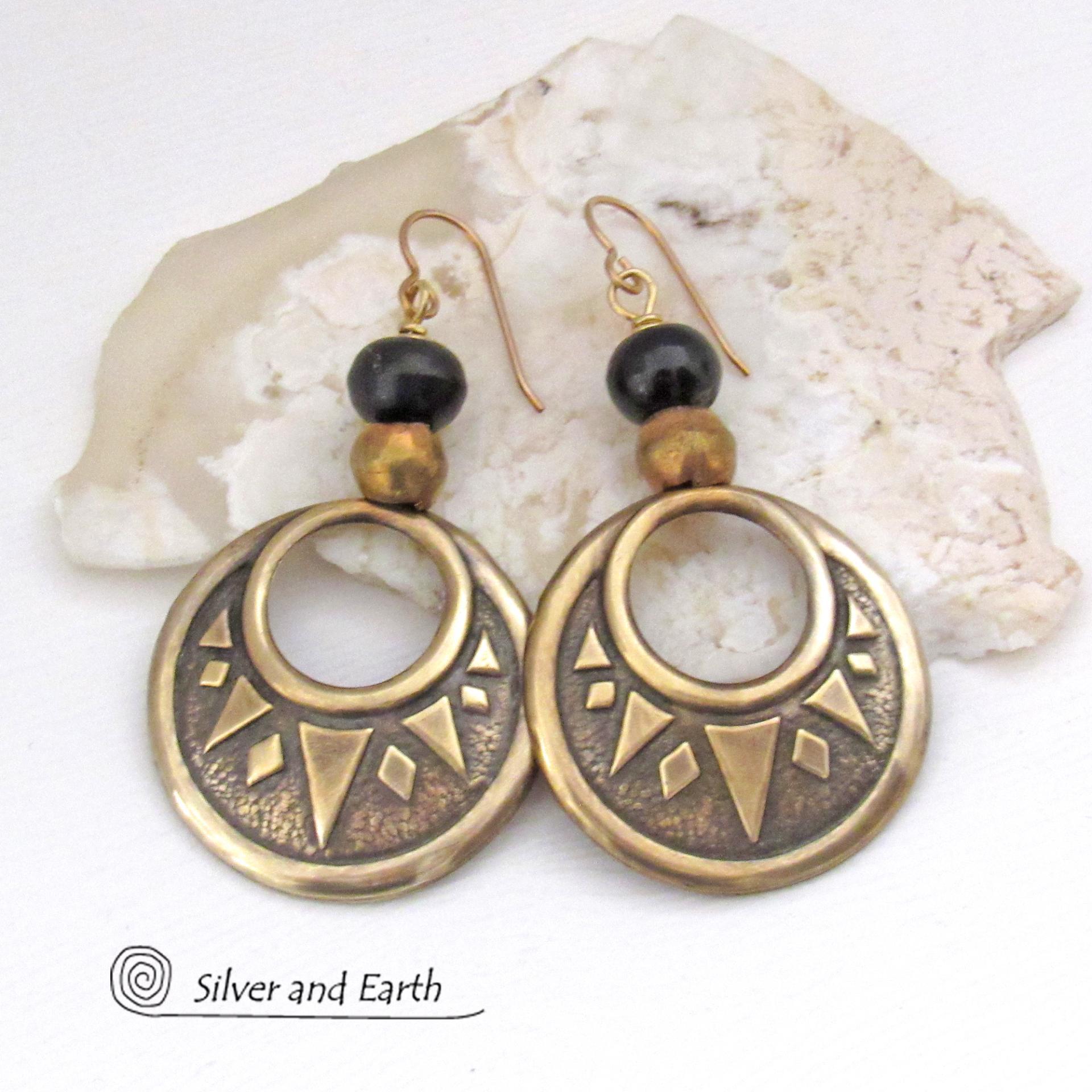 Large Brass Textured Hoop Earrings with Black and Brass Beads - Bold Ethnic Tribal Jewelry