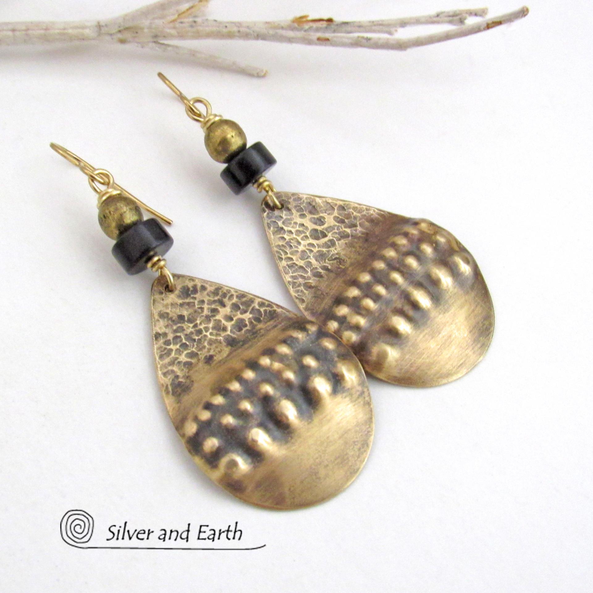 Textured Gold Brass Statement Earrings with Matte Black Jasper Stones - Exotic Boho Tribal Style Jewelry