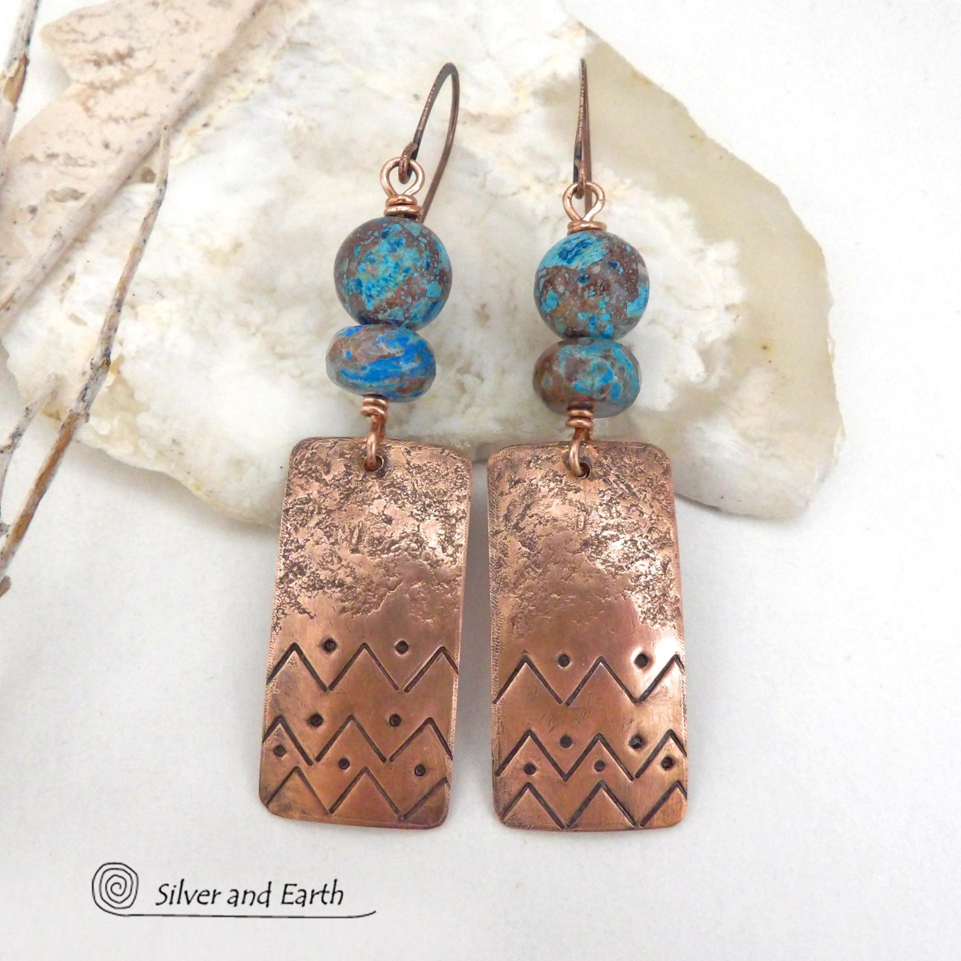 Hand Stamped Copper Rectangle Earrings with Blue Brown Calsilica Jasper Gemstones