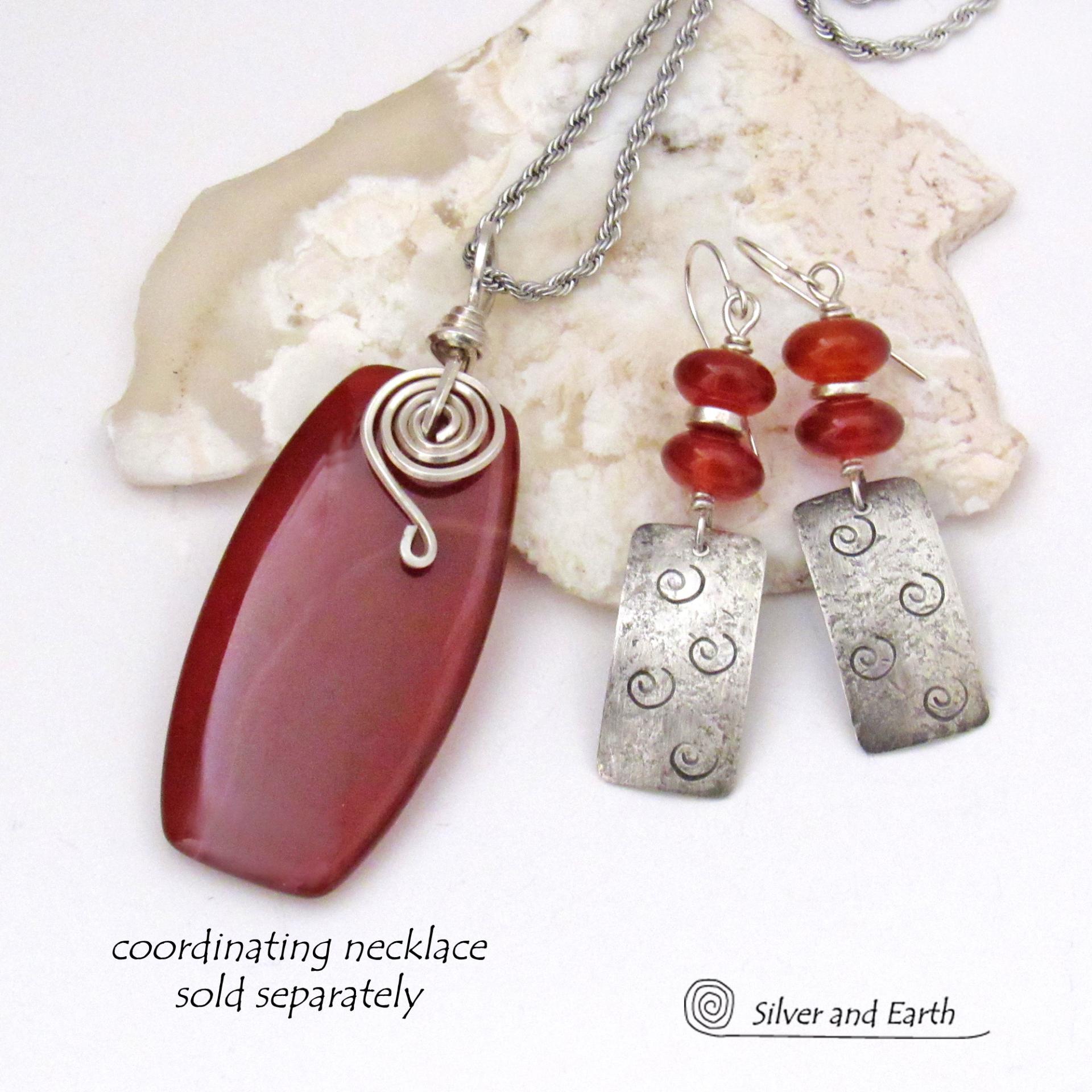 Sterling Silver Earrings with Spiral Stamped Texture and Rusty Orange Carnelian Gemstones with Matching Necklace 