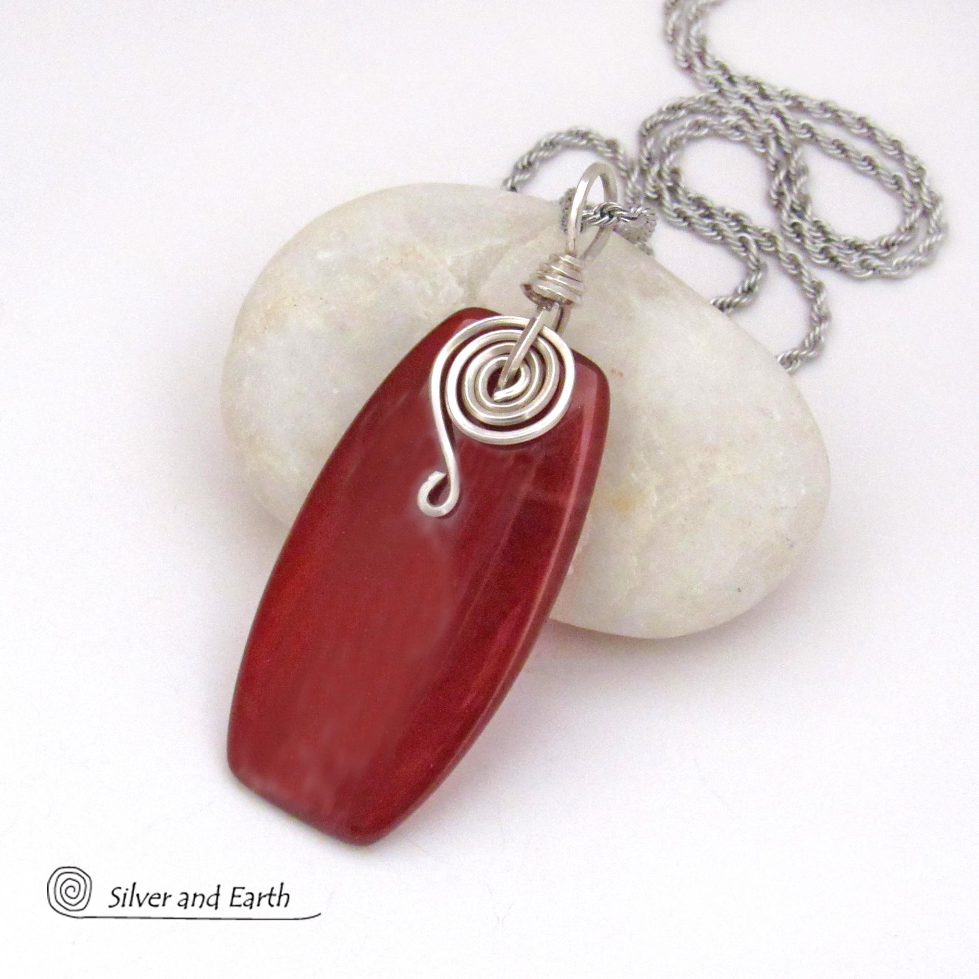 Burnt Orange Carnelian Gemstone Pendant Necklace with Sterling Silver Spiral Accents, Coordinating Earrings Sold Separately