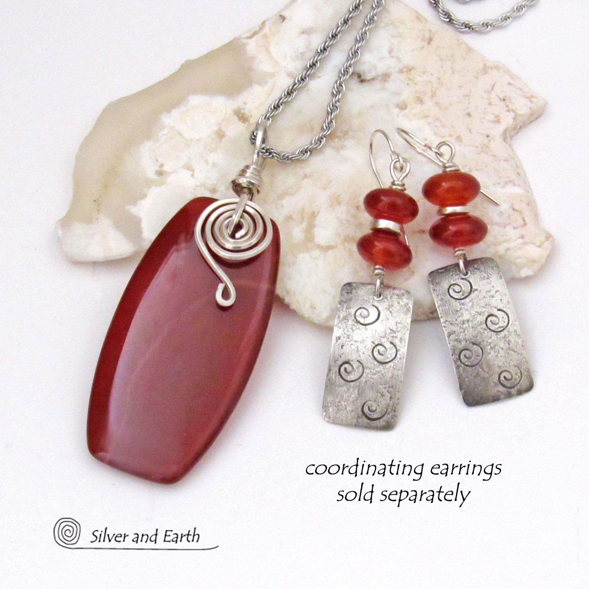 Burnt Orange Carnelian Gemstone Pendant Necklace with Sterling Silver Spiral Accents, Coordinating Earrings Sold Separately