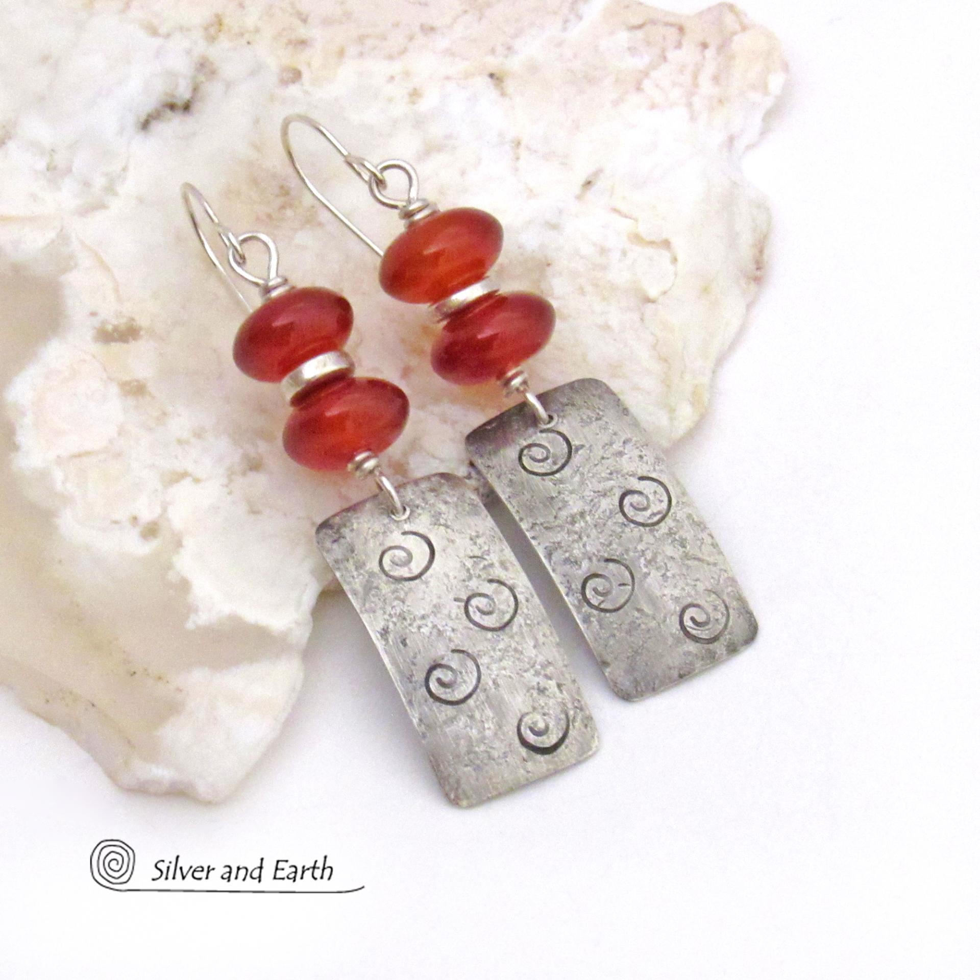 Sterling Silver Earrings with Spiral Stamped Texture and Rusty Orange Carnelian Gemstones