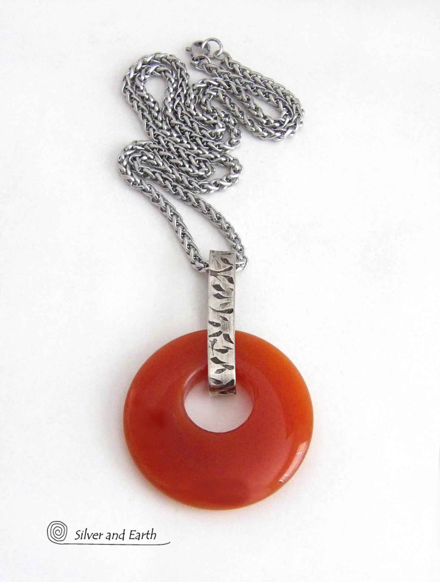 Orange Carnelian Sterling Silver Pendant Necklace -  Earthy Modern Natural Gemstone Jewelry