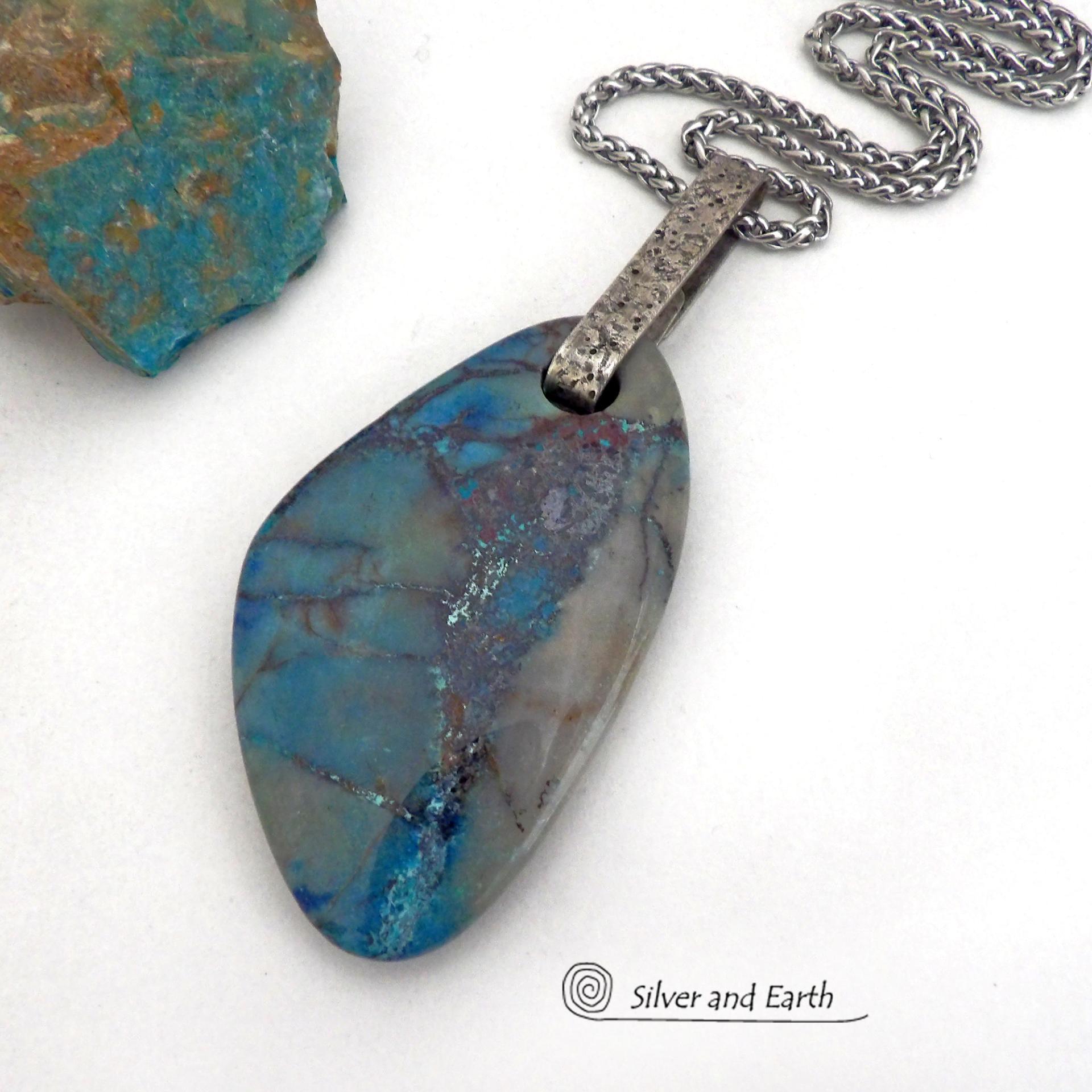 Large Blue Chrysocolla Quartz Gemstone Sterling Silver Necklace - One of a Kind Unique Natural Stone Jewelry 