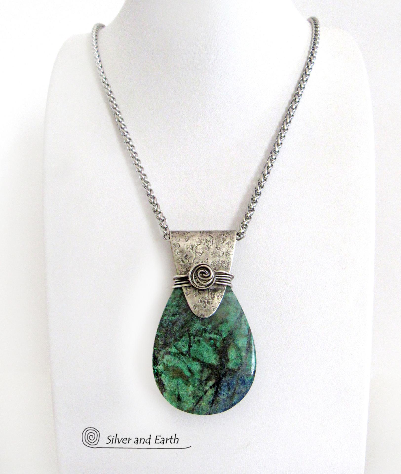 Blue Green Chrysocolla Sterling Silver Necklace - Unique One of a Kind Natural Gemstone Jewelry 