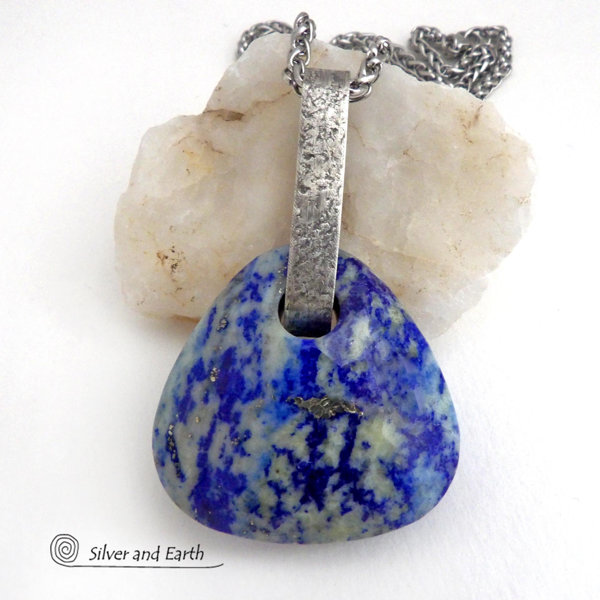 Chunky Faceted Natural Blue Lapis Lazuli Sterling Silver Pendant Necklace