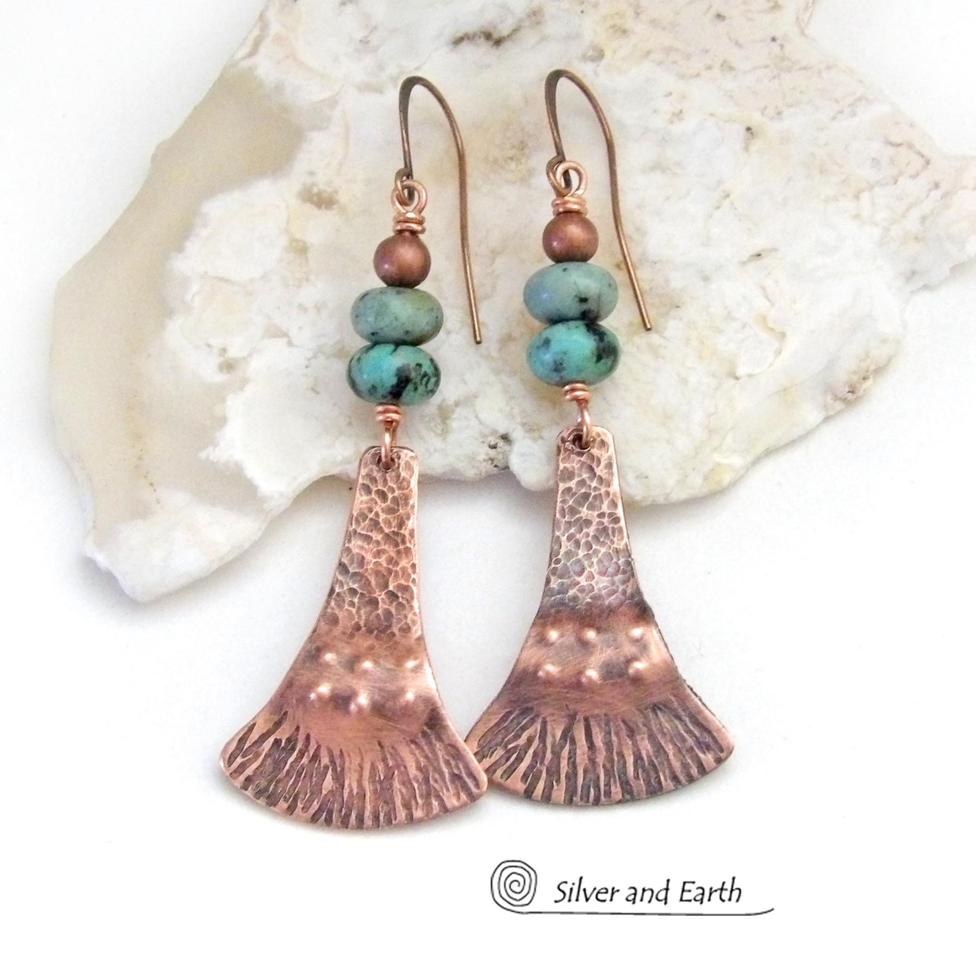 African Turquoise Copper Dangle Earrings - Earthy Chic Boho Bohemian Artisan Handmade Jewelry