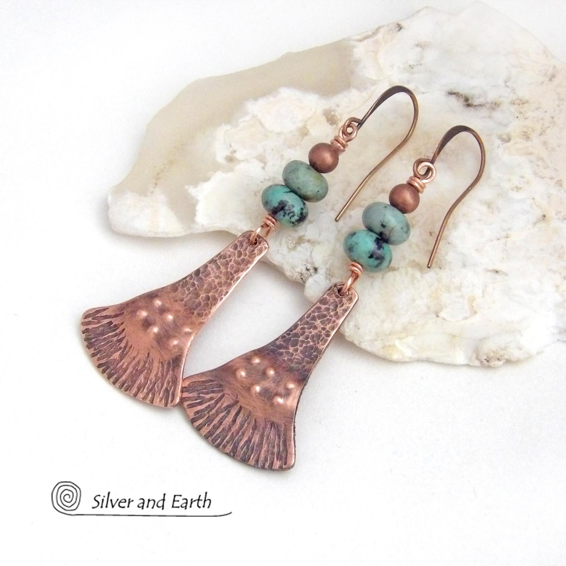 African Turquoise Copper Dangle Earrings - Earthy Chic Boho Bohemian Artisan Handmade Jewelry