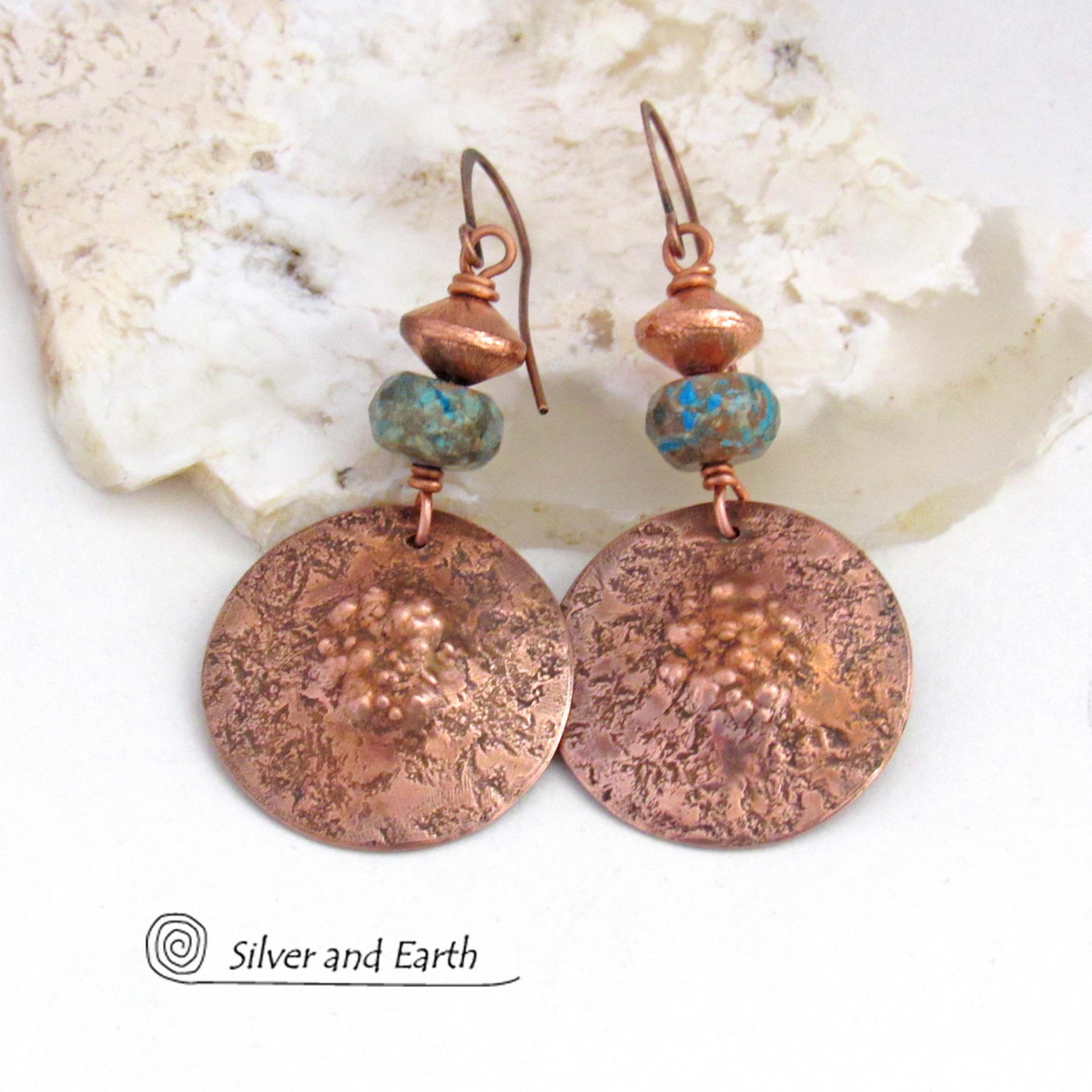 Hammered Copper Earrings with Faceted Blue Calsilica Jasper Stones and Brushed Satin Copper Beads