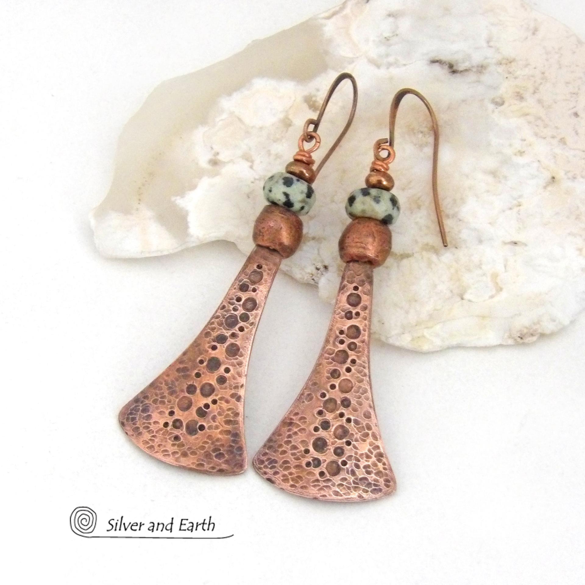 Long Copper Dangle Earrings with Dalmatian Jasper Stones - Artisan Handmade Earthy Chic Boho Style Jewelry