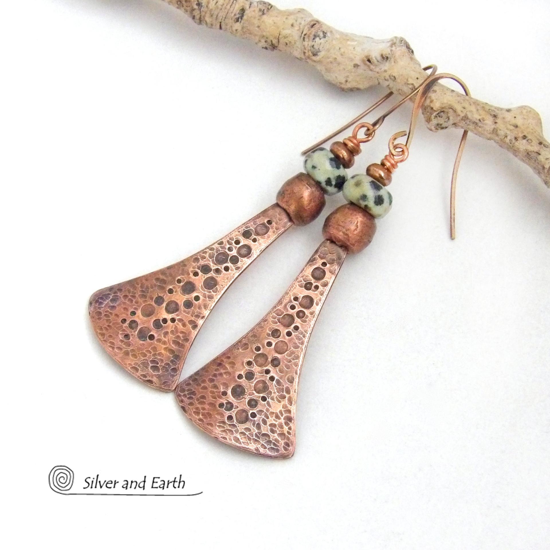 Long Copper Dangle Earrings with Dalmatian Jasper Stones - Artisan Handmade Earthy Chic Boho Style Jewelry