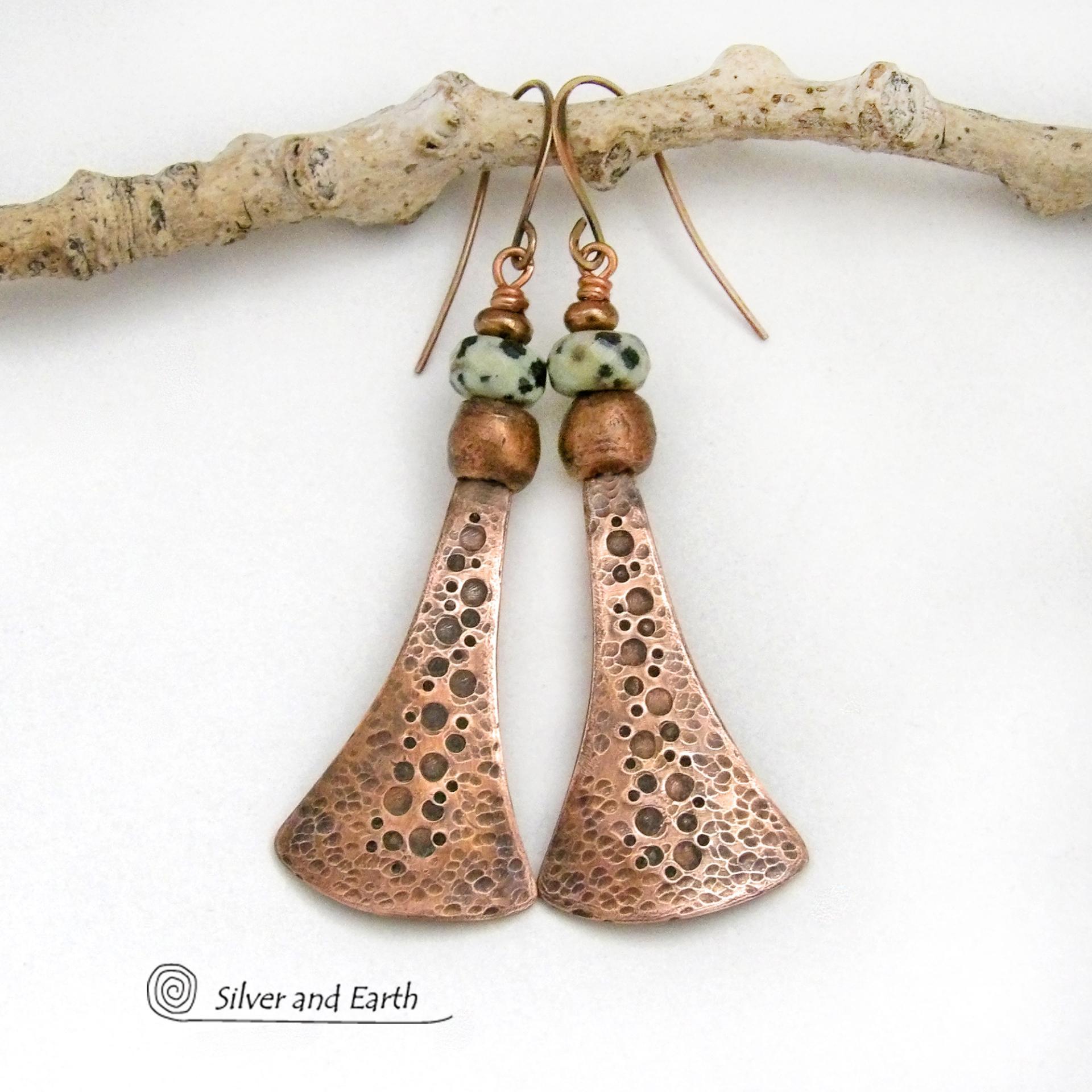 Long Copper Dangle Earrings with Dalmatian Jasper Stones - Artisan Handmade Earthy Chic Boho Style Jewelry