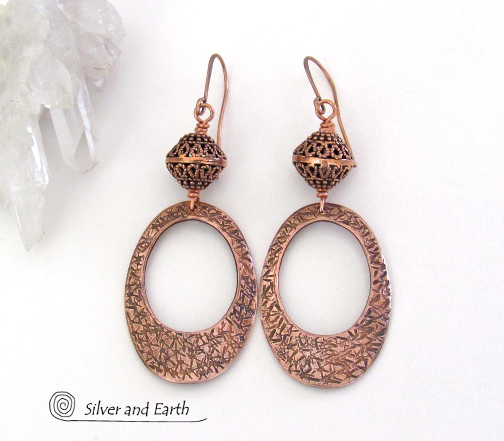Modern Copper Oval Hoop Earrings with Filigree Beads - 7th Anniversary Gifts for Women