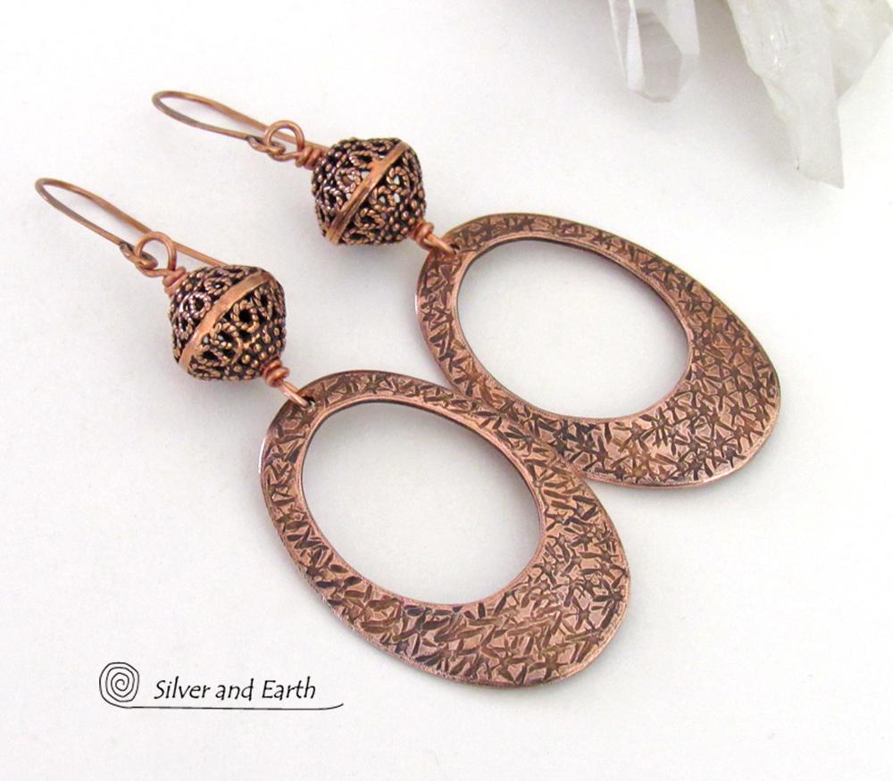 Modern Copper Oval Hoop Earrings with Filigree Beads - 7th Anniversary Gifts for Women