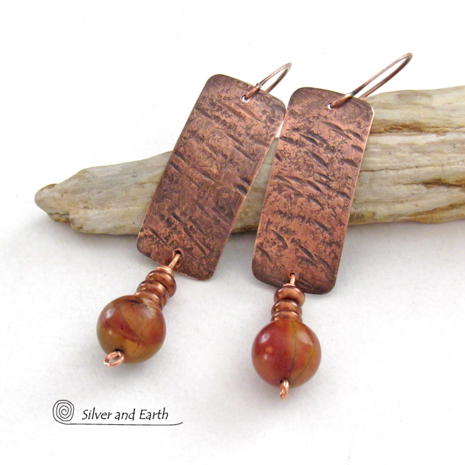 Hammered Textured Copper Earrings with Dangling Earthy Natural Red Creek Jasper Stones