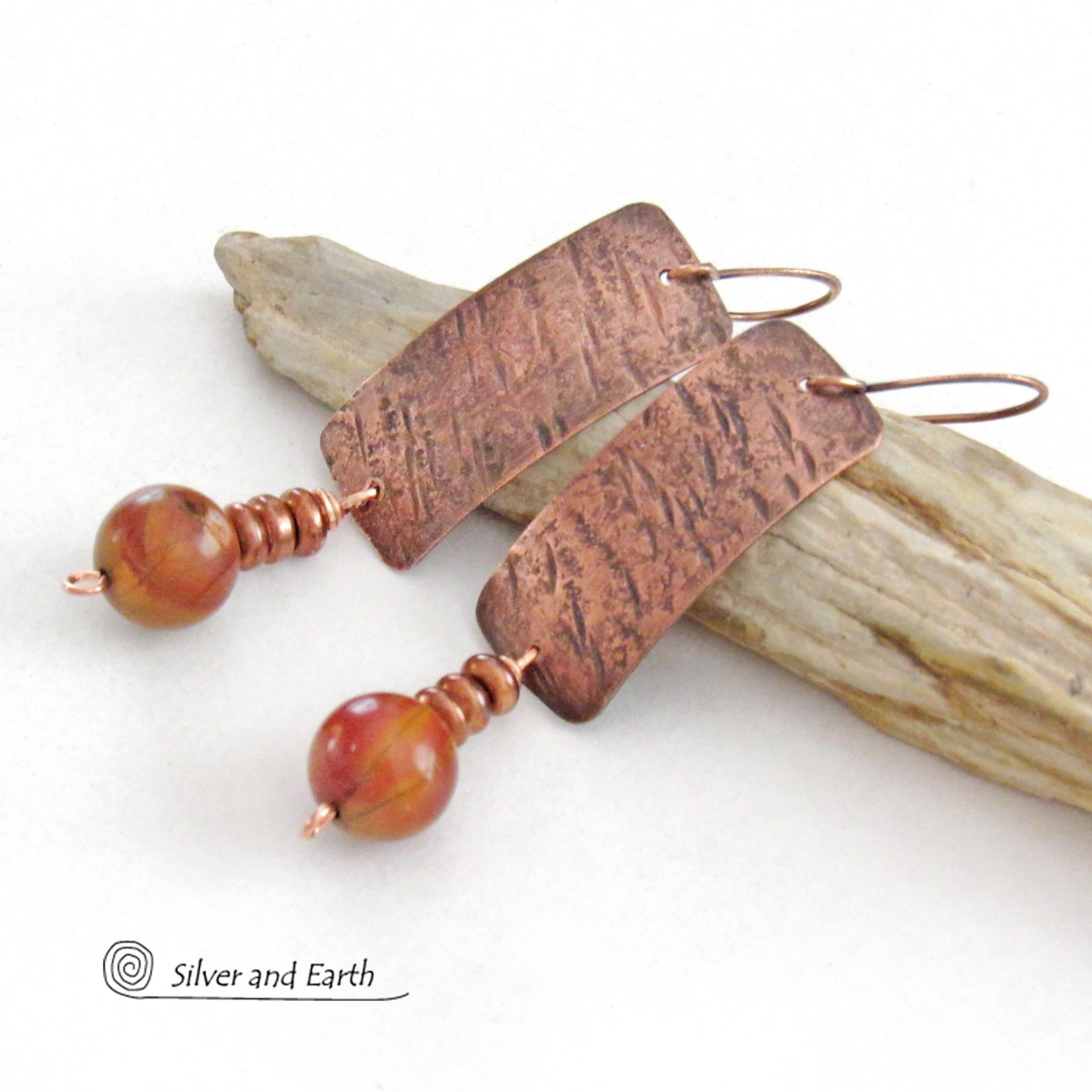 Hammered Textured Copper Earrings with Dangling Earthy Natural Red Creek Jasper Stones