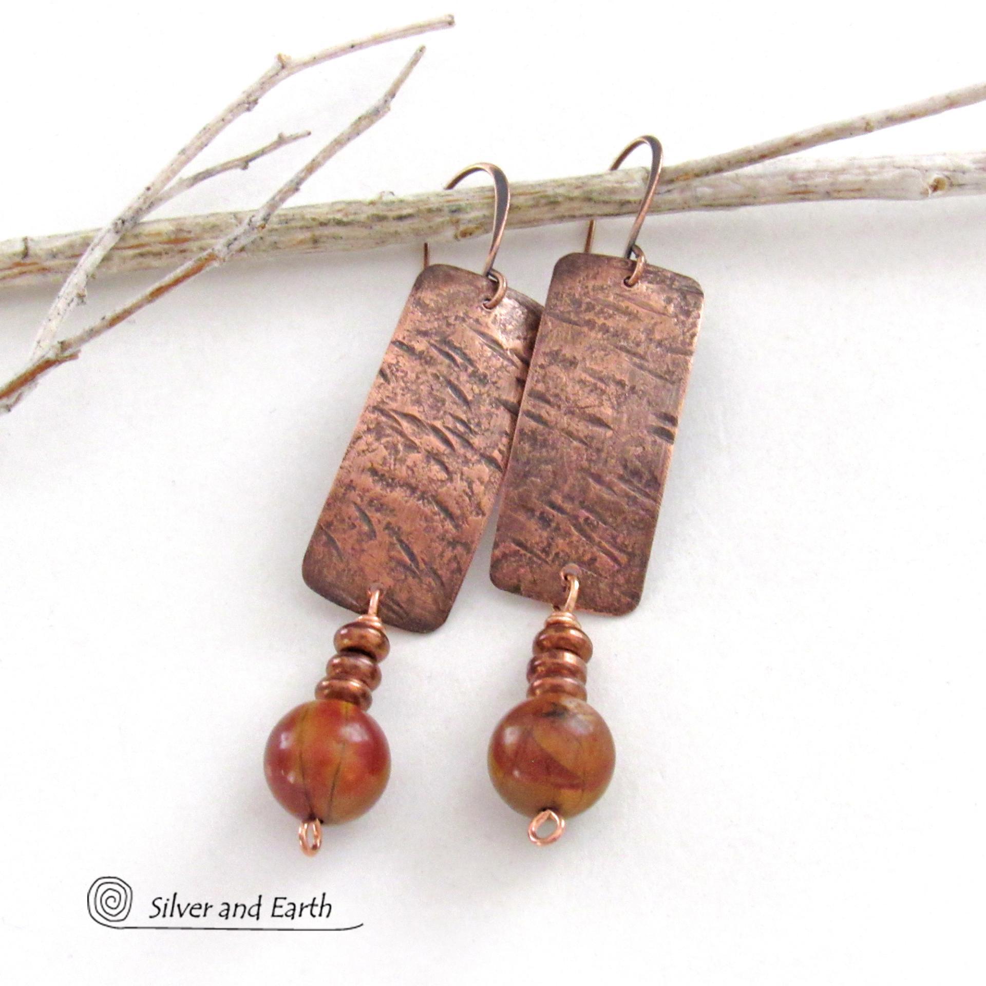 Hammered Textured Copper Earrings with Dangling Earthy Natural Red Creek Jasper Stones
