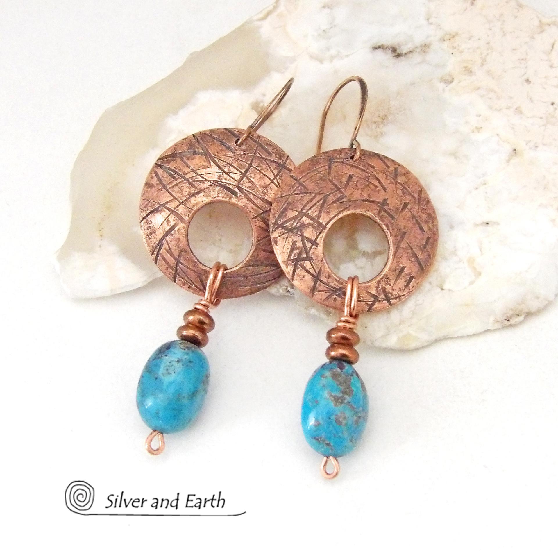 Textured Copper Earrings with Natural Blue Turquoise Stone Dangles - Modern Boho Style Jewelry