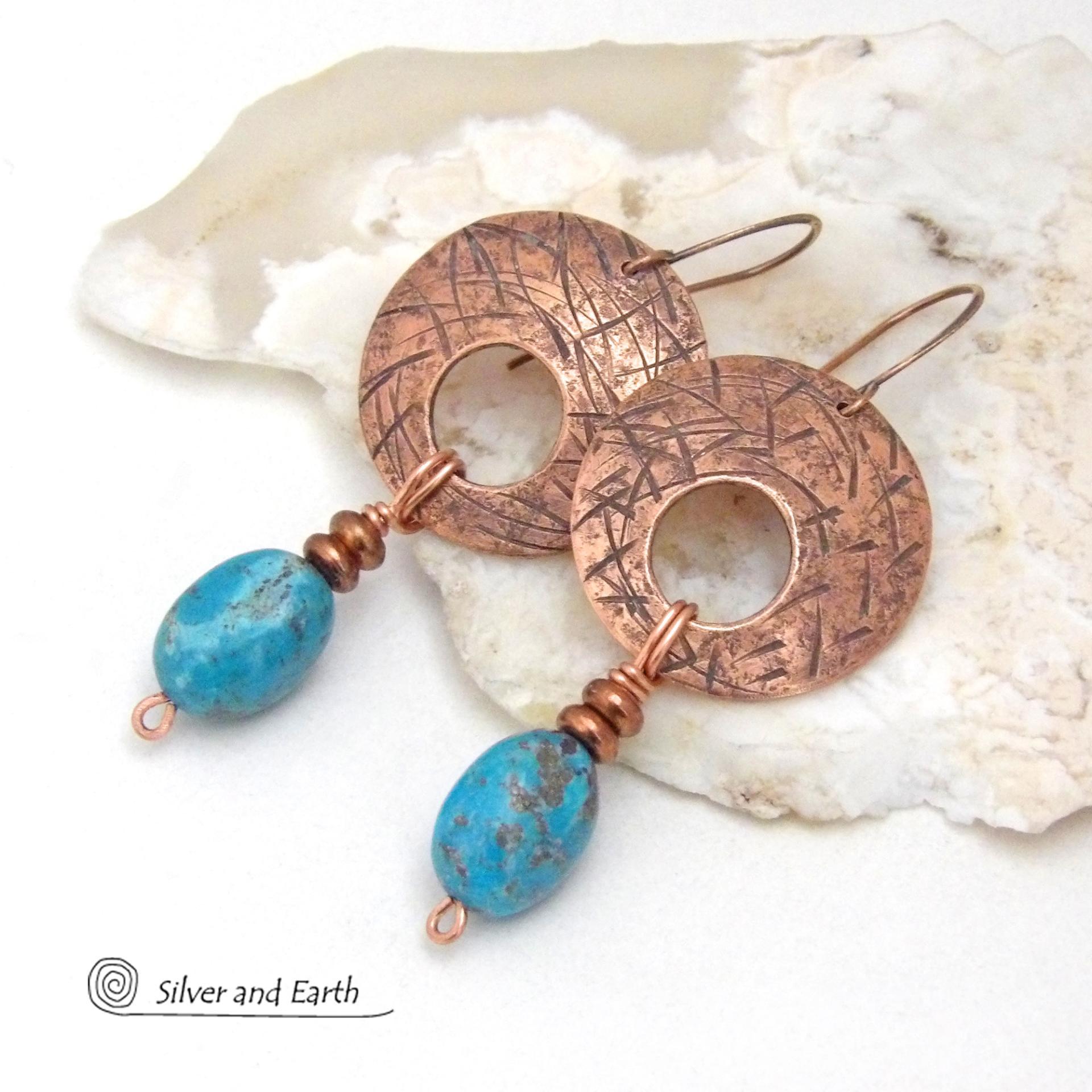 These handcrafted copper earrings have a hand stamped texture and are accented with natural turquoise stones and tiny copper beads. The turquoise is a beautiful shade of blue with an earthy, natural copper matrix. These earrings have a modern style with a touch of boho flair. They'll make a great gift for couples celebrating their seventh wedding anniversary - copper is the traditional choice for this occasion. 