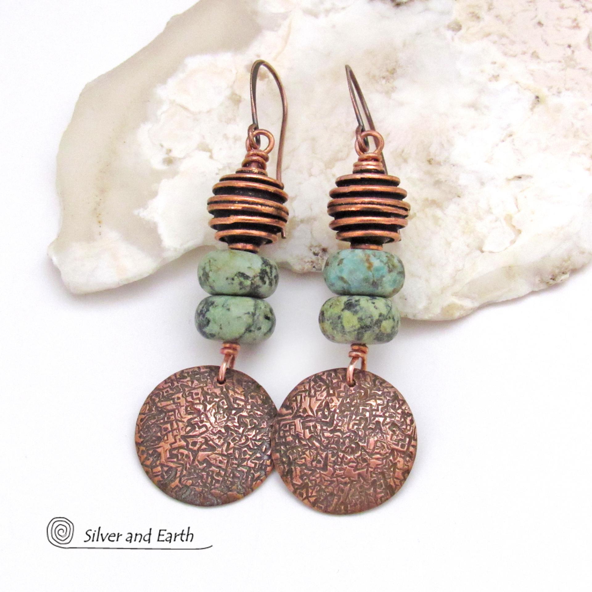 Textured Copper Dangle Earrings with African Turquoise Stones - Earthy Chic Natural Stone Jewelry