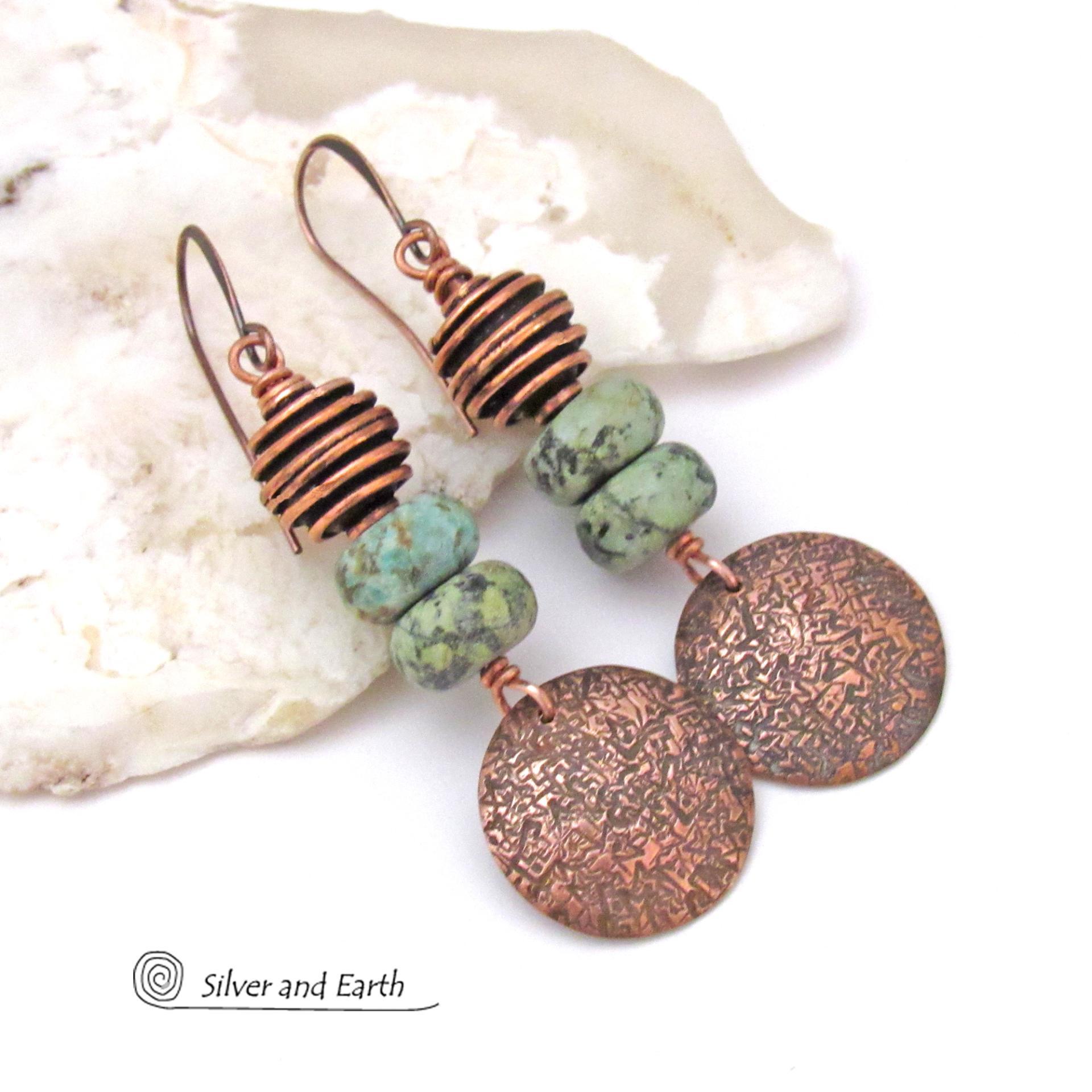 Textured Copper Dangle Earrings with African Turquoise Stones - Earthy Chic Natural Stone Jewelry