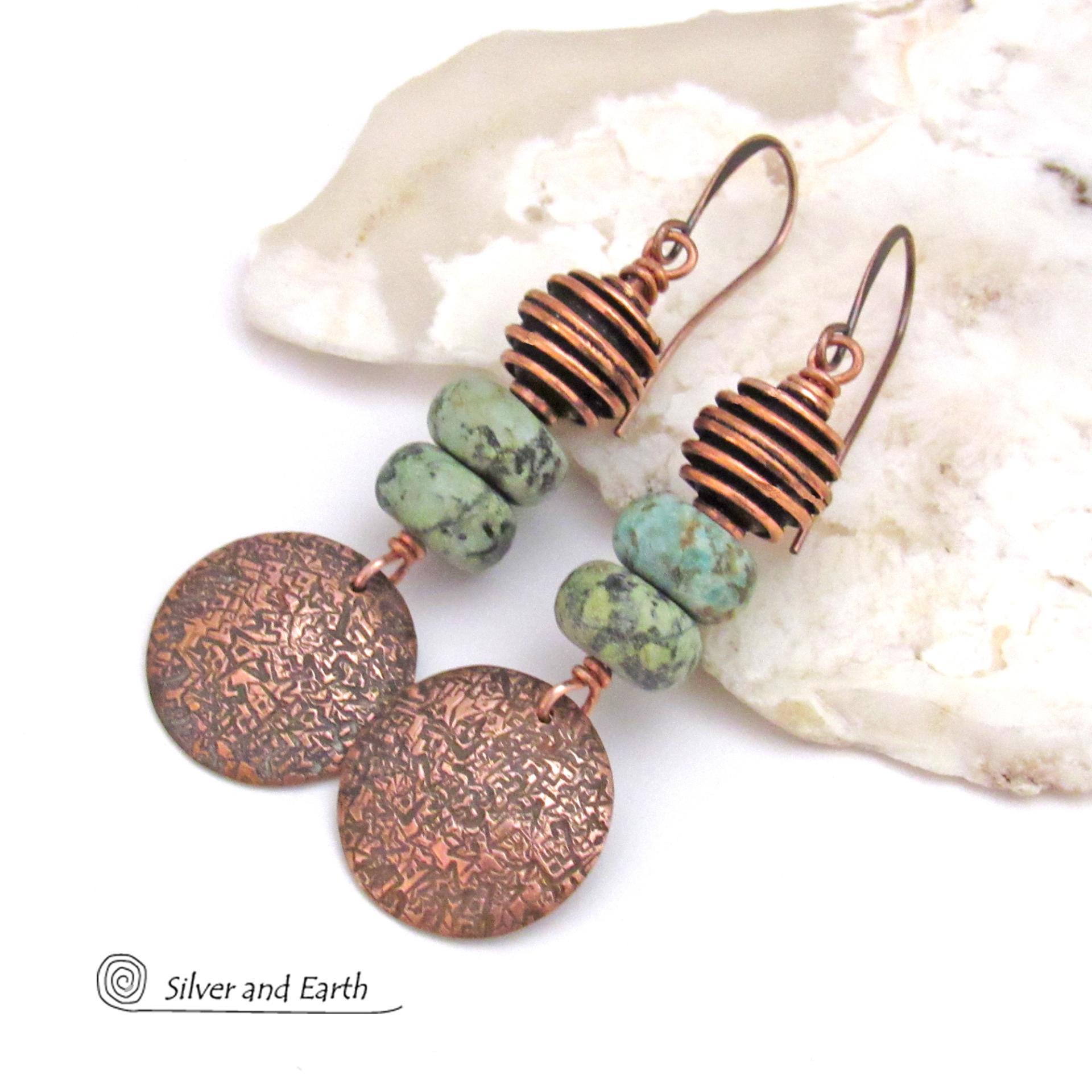 Textured Copper Dangle Earrings with African Turquoise Stones - Earthy Chic Natural Stone Jewelry