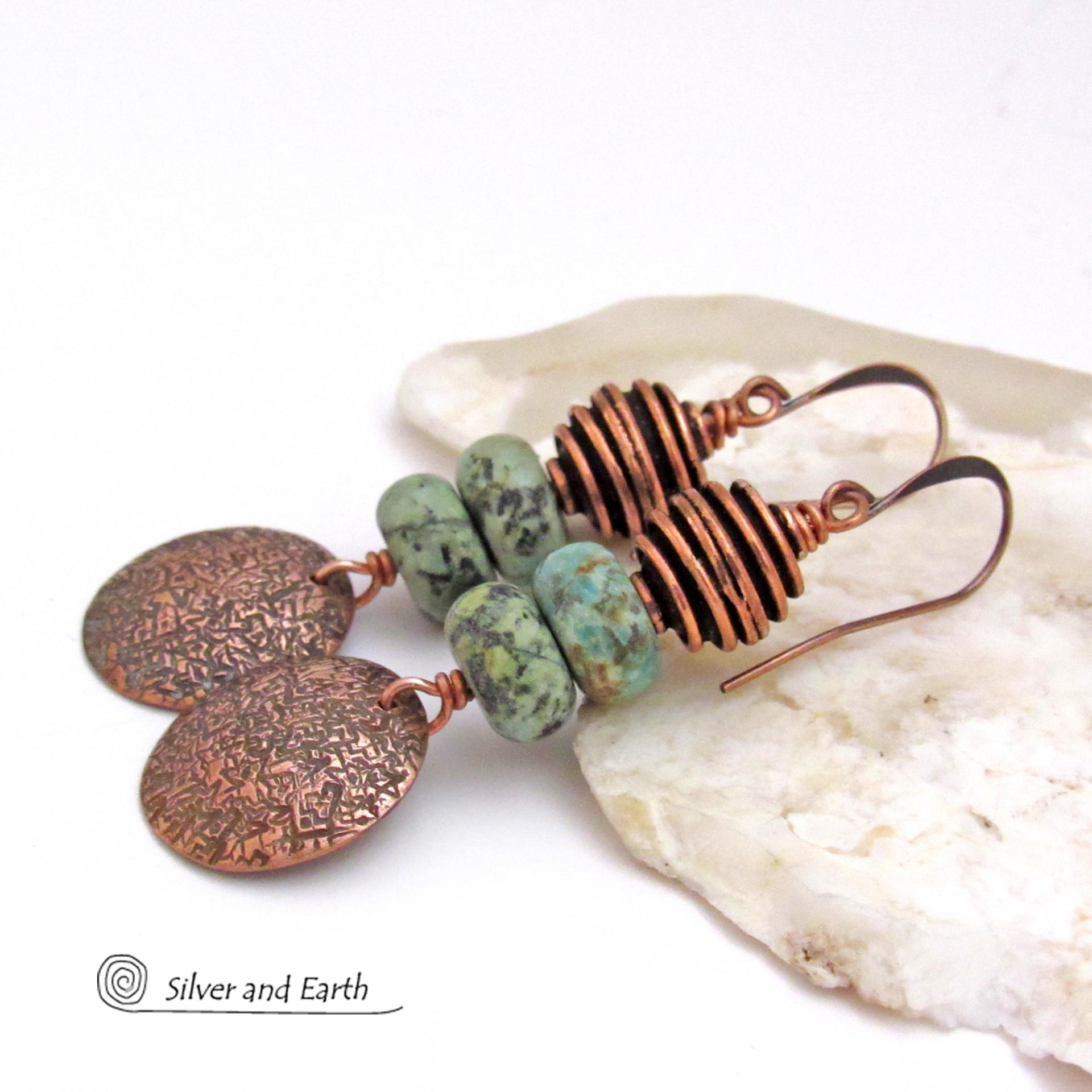 Textured Copper Dangle Earrings with African Turquoise Stones - Earthy Chic Natural Stone Jewelry
