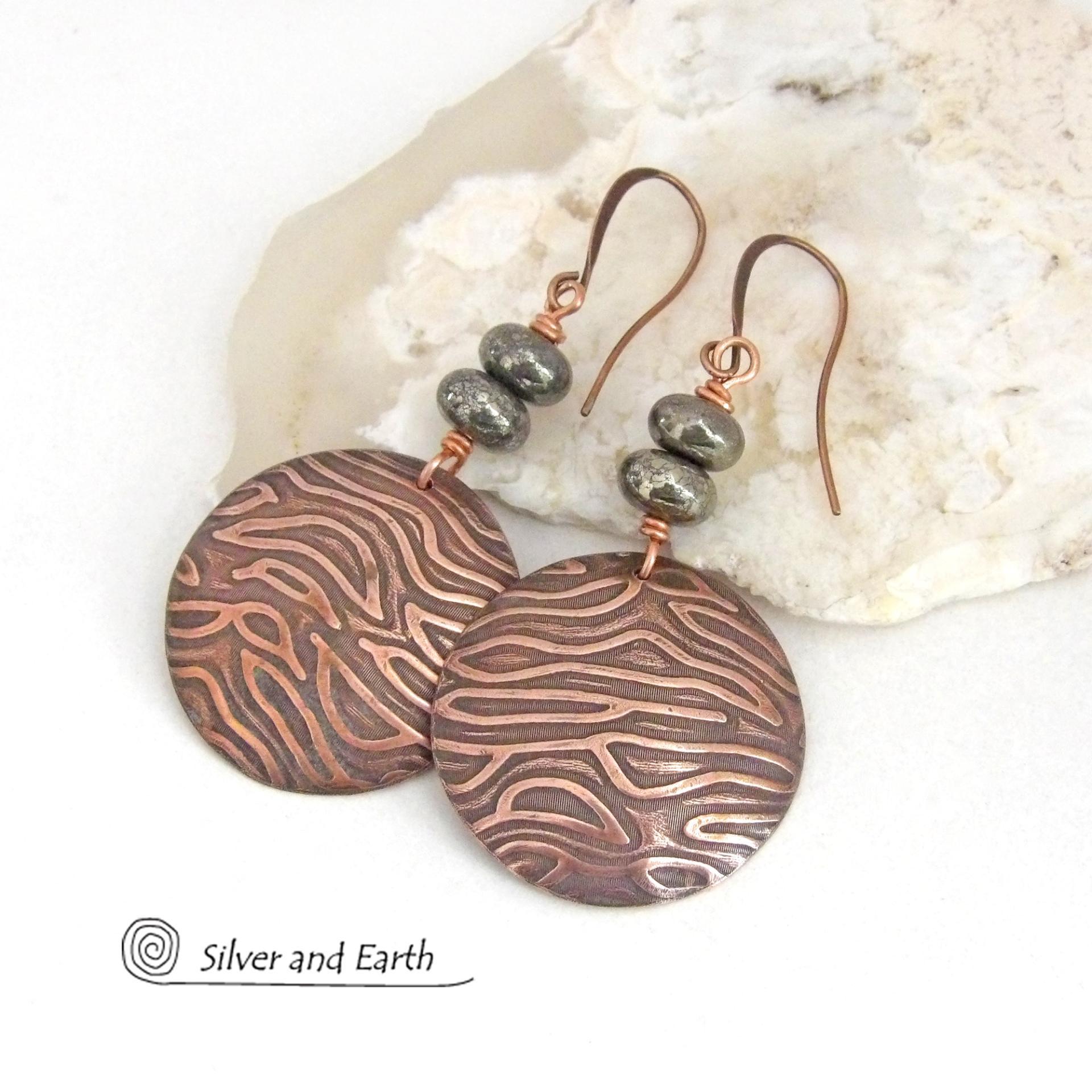 Modern Round Copper Earrings with Embossed Texture and Gray Pyrite Gemstones