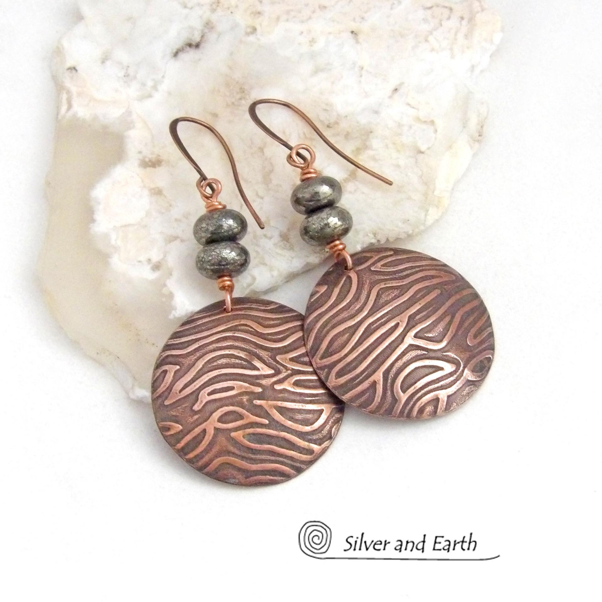 Modern Round Copper Earrings with Embossed Texture and Gray Pyrite Gemstones