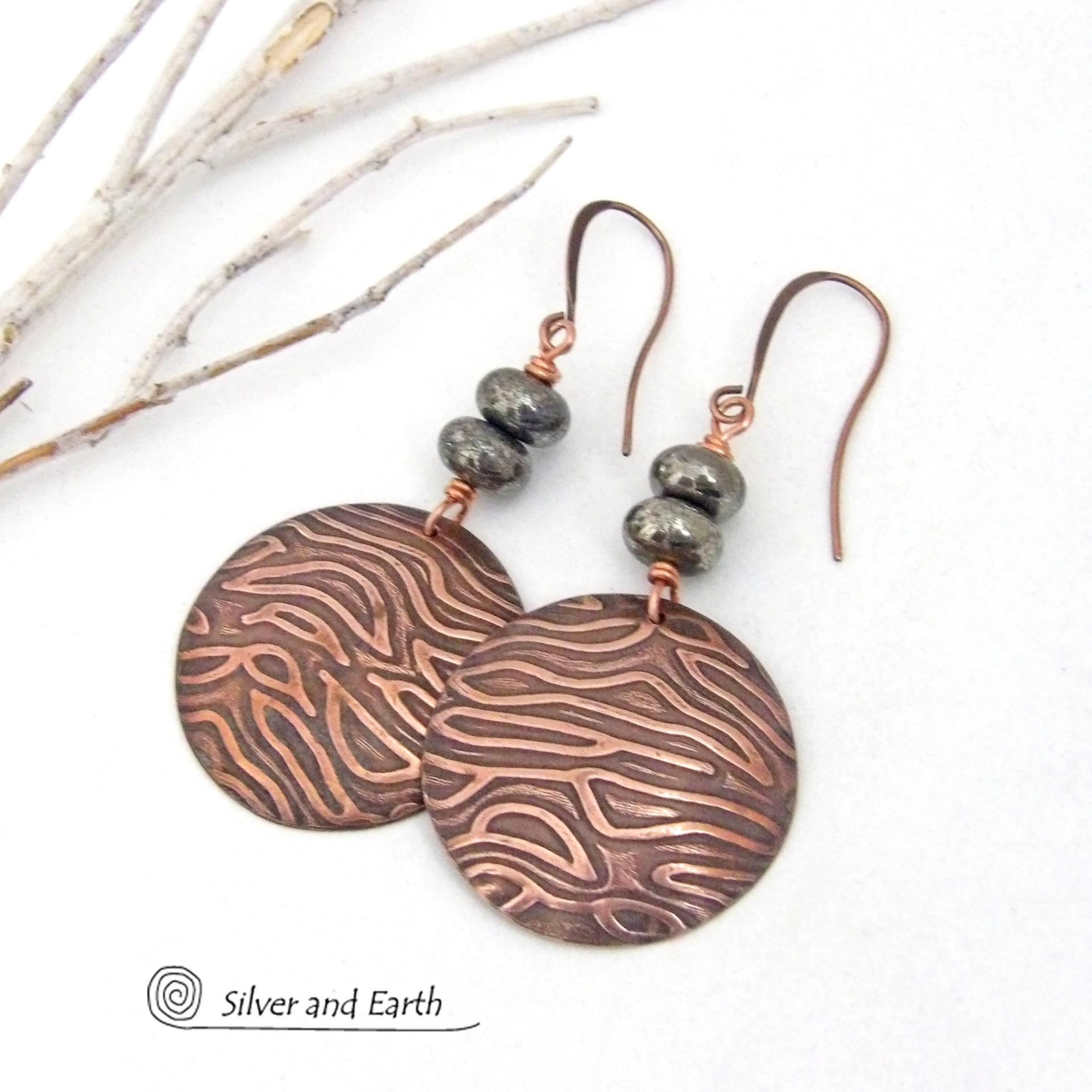 Modern Round Copper Earrings with Embossed Texture and Gray Pyrite Gemstones
