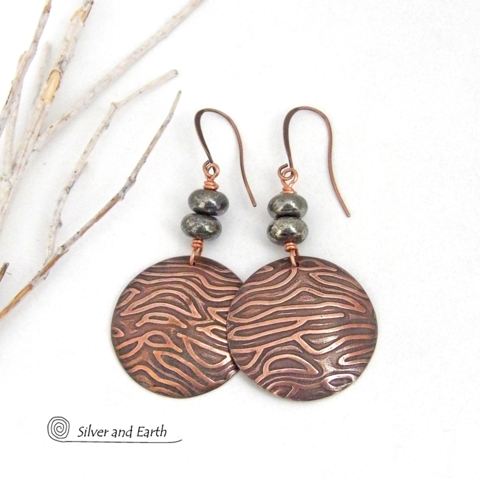 Modern Round Copper Earrings with Embossed Texture and Gray Pyrite Gemstones