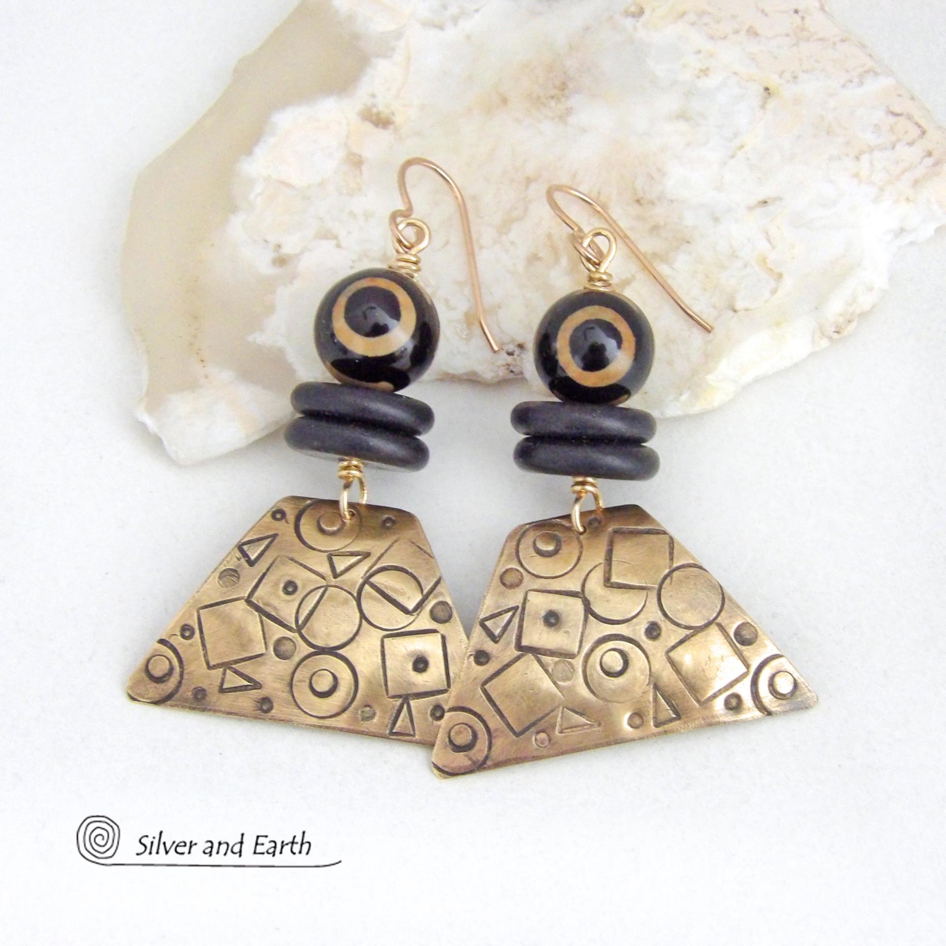 Hand Stamped Gold Brass Earrings with Tibetan Eye Agate Stones - Artisan Handcrafted Abstract Funky Mod Jewelry