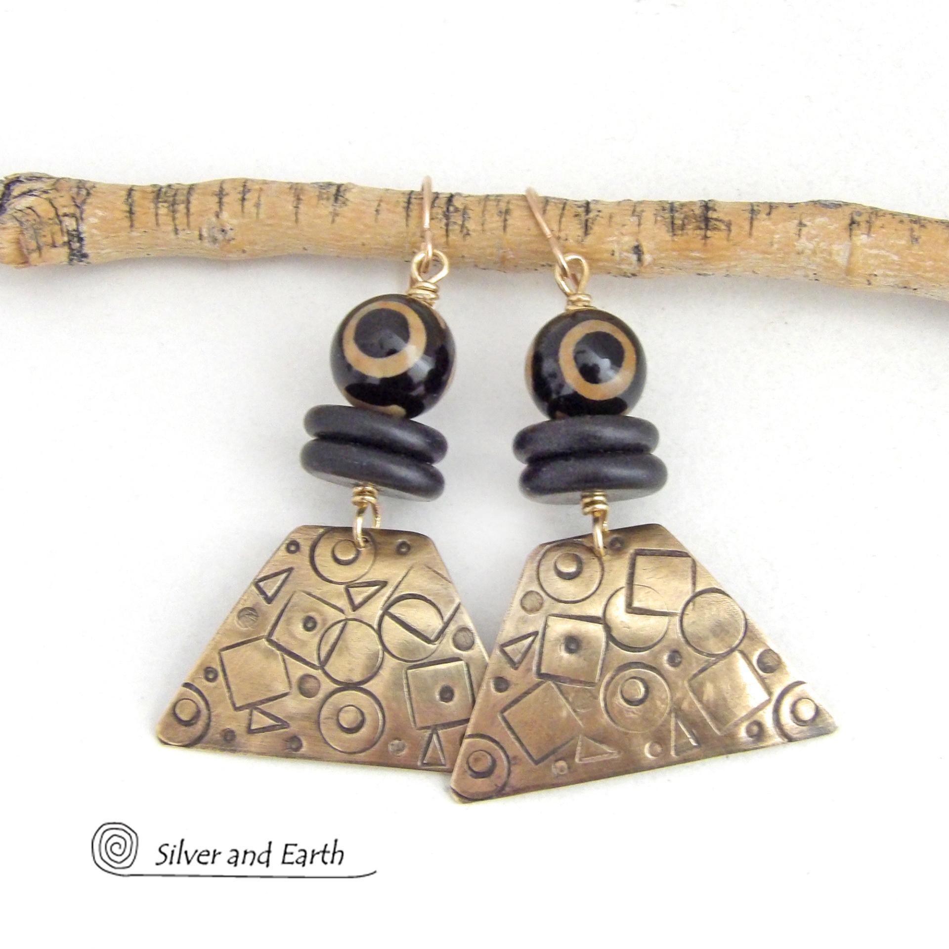 Hand Stamped Gold Brass Earrings with Tibetan Eye Agate Stones - Artisan Handcrafted Abstract Funky Mod Jewelry