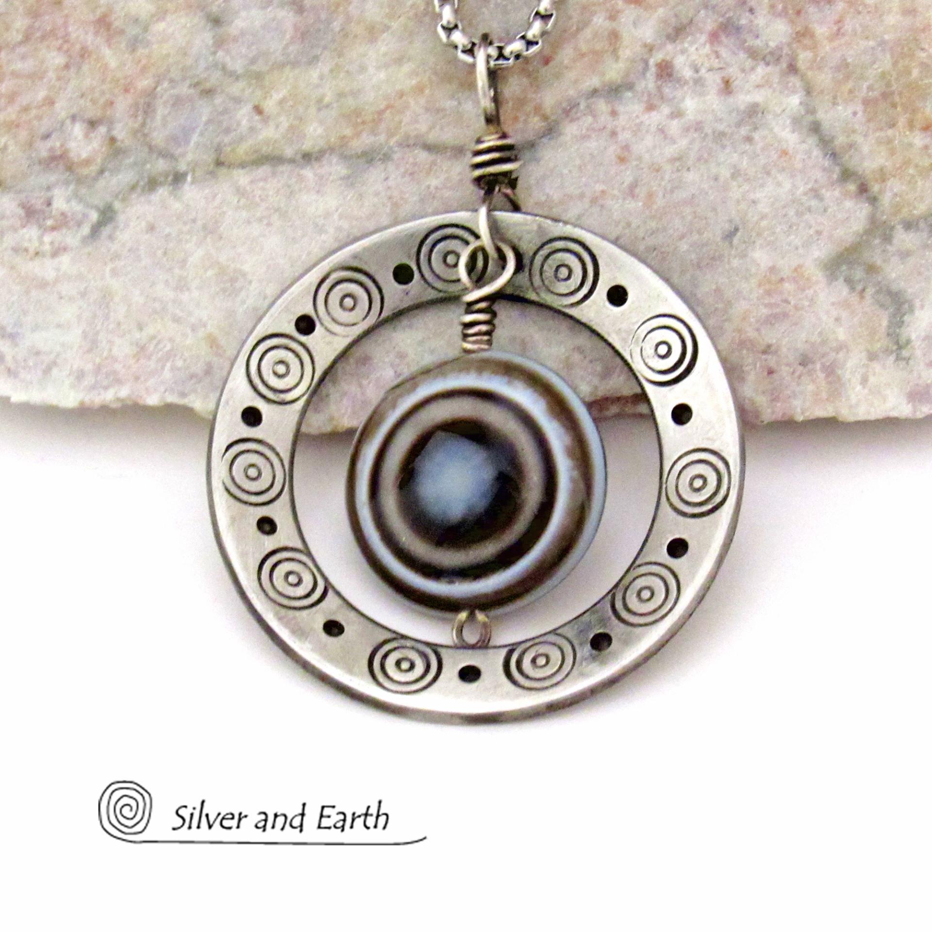 Silver Pewter Hand Stamped Circle Necklace with Black White Eye Agate Stone - Bold Unique One of a Kind Jewelry